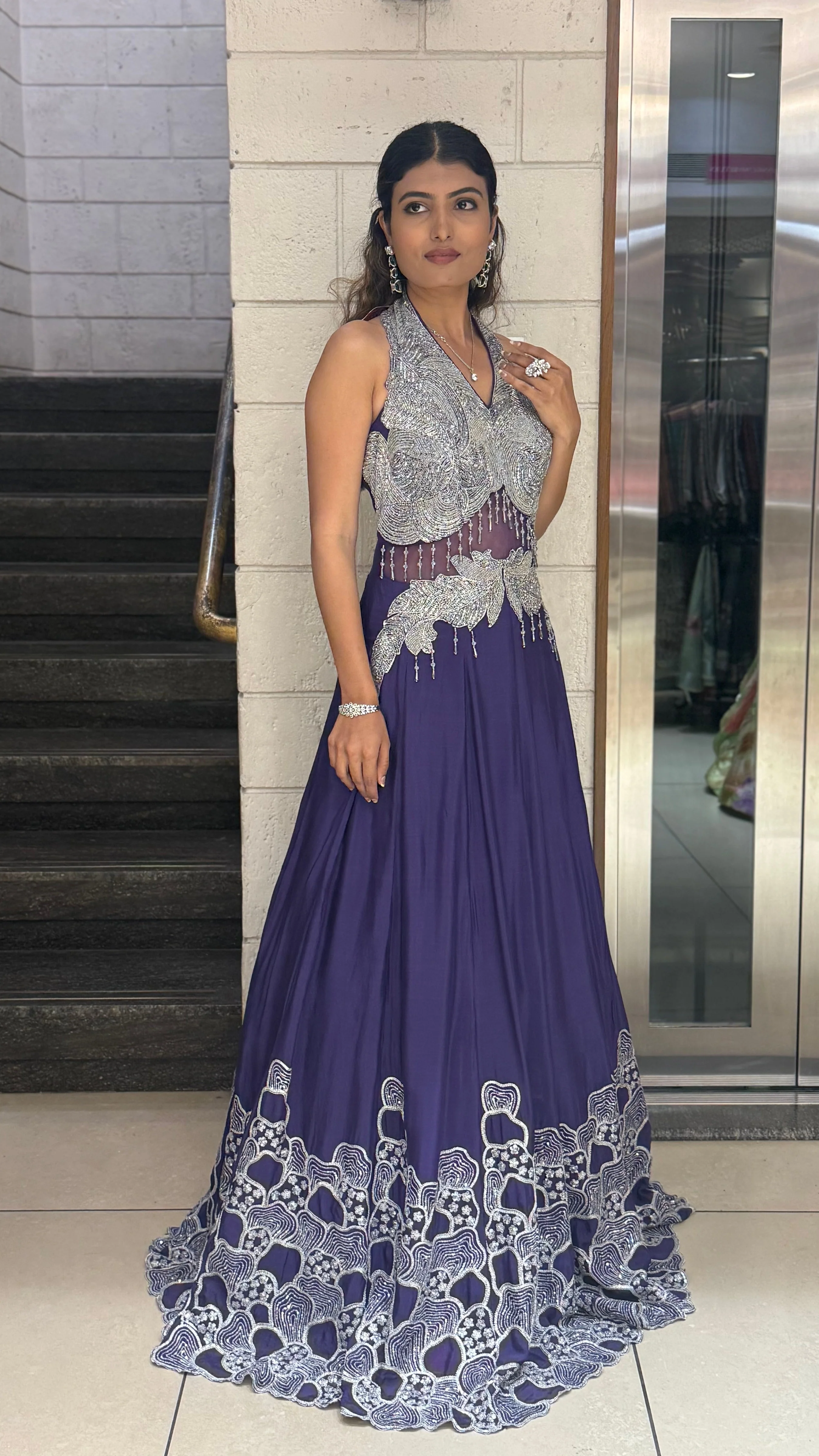 Silver Embellished Halter-Neck Designer Evening Gown - Image 14