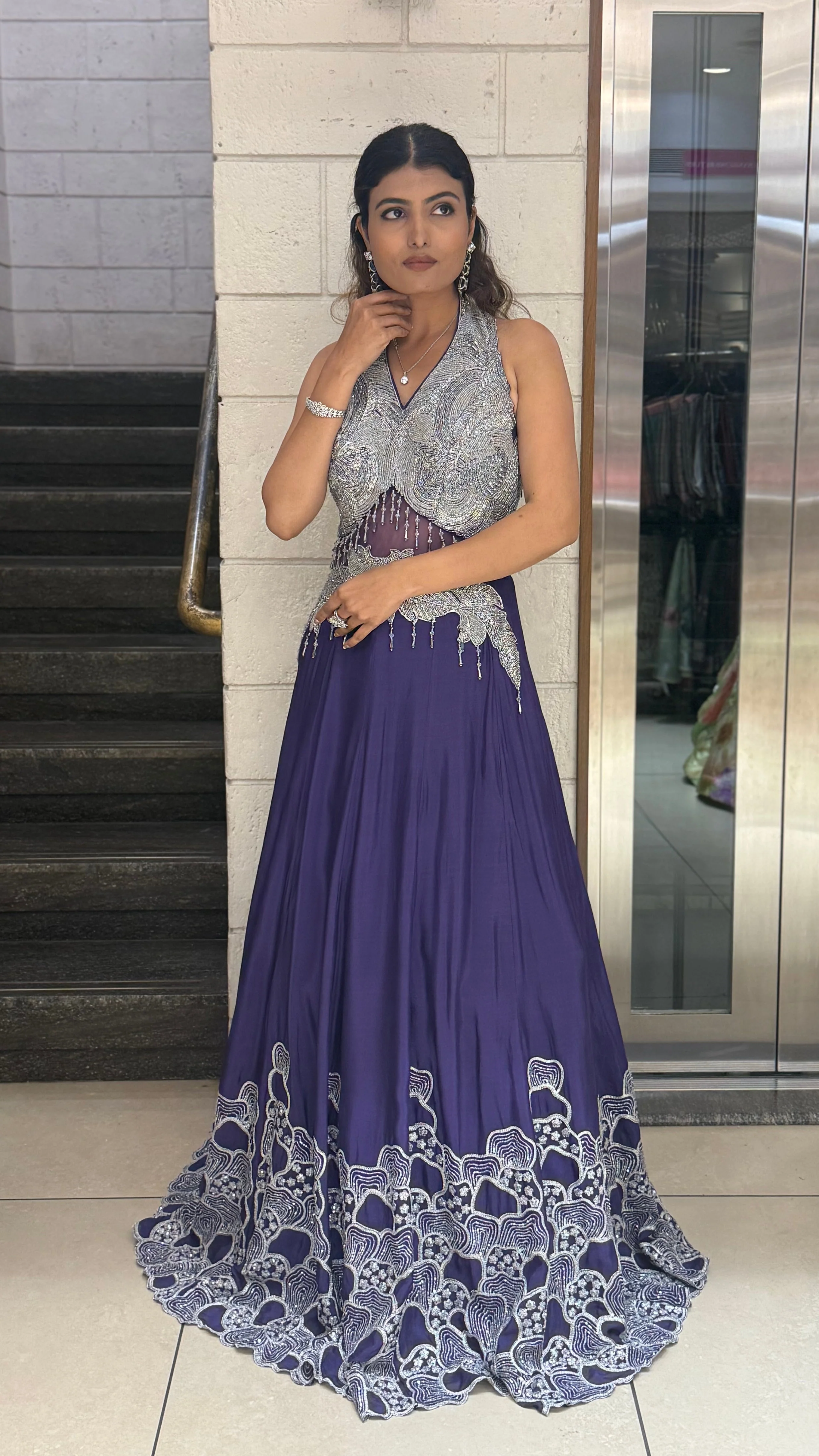 Silver Embellished Halter-Neck Designer Evening Gown - Image 15