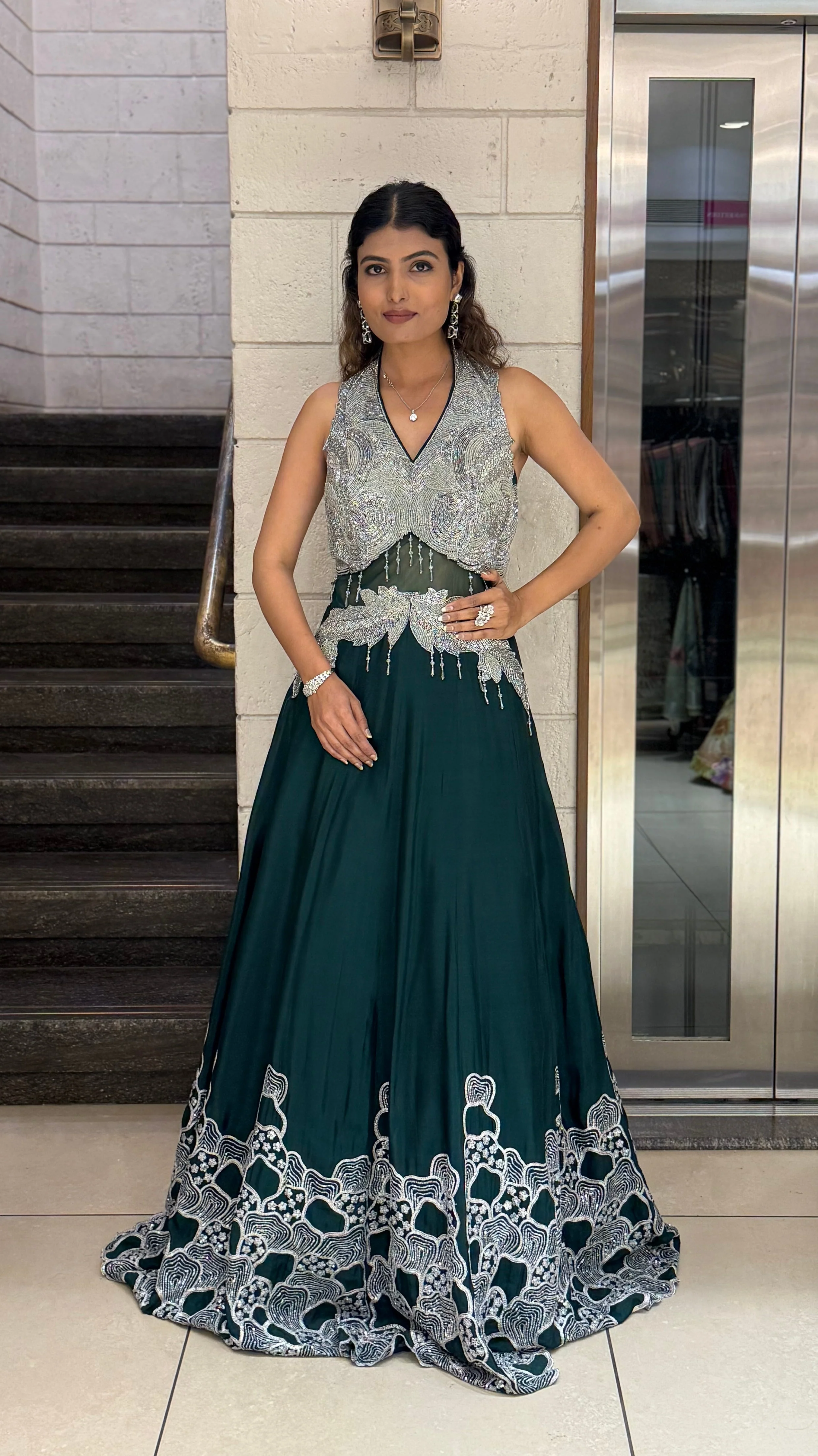 Silver Embellished Halter-Neck Designer Evening Gown - Image 6