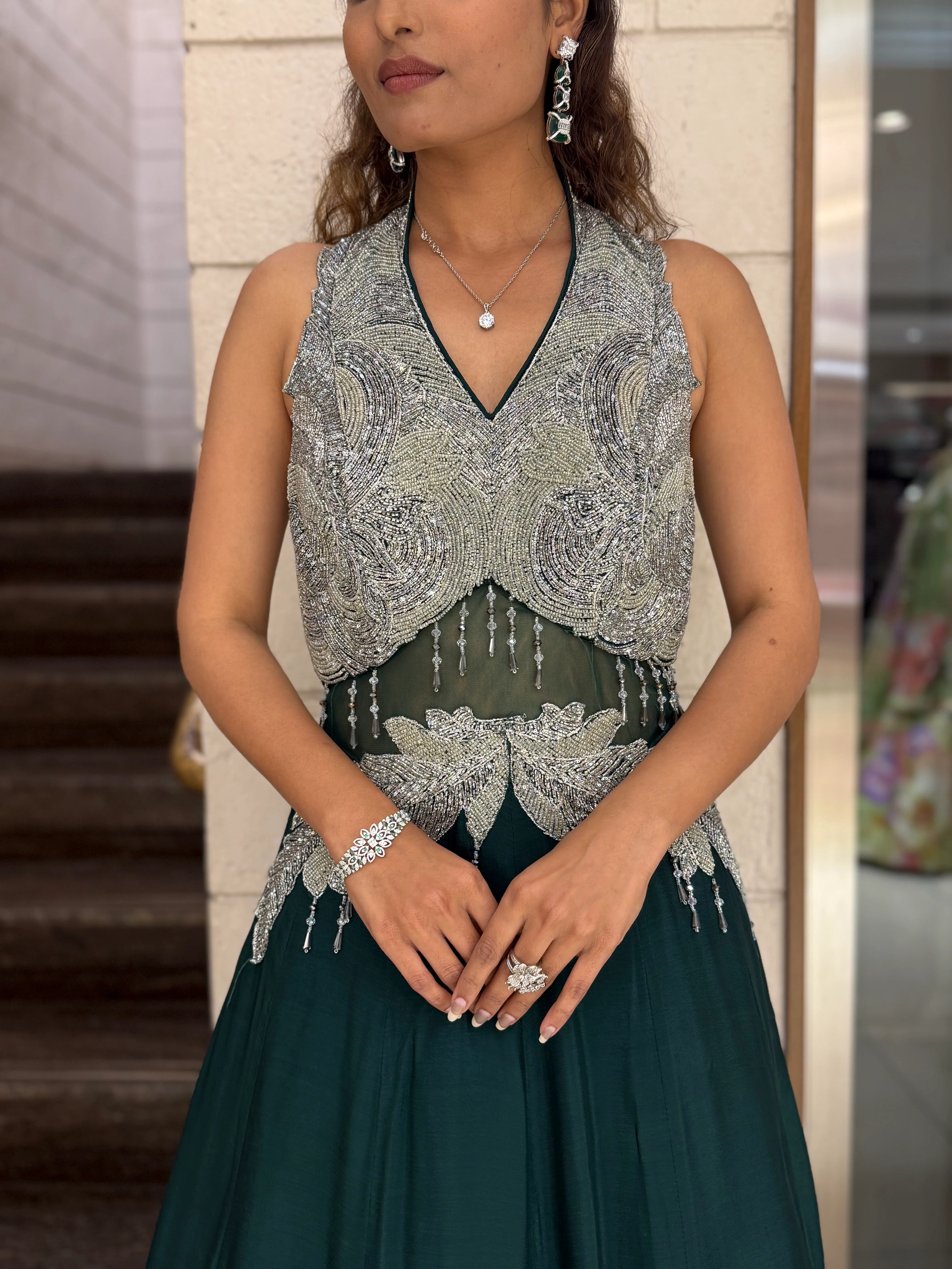 Silver Embellished Halter-Neck Designer Evening Gown - Image 7