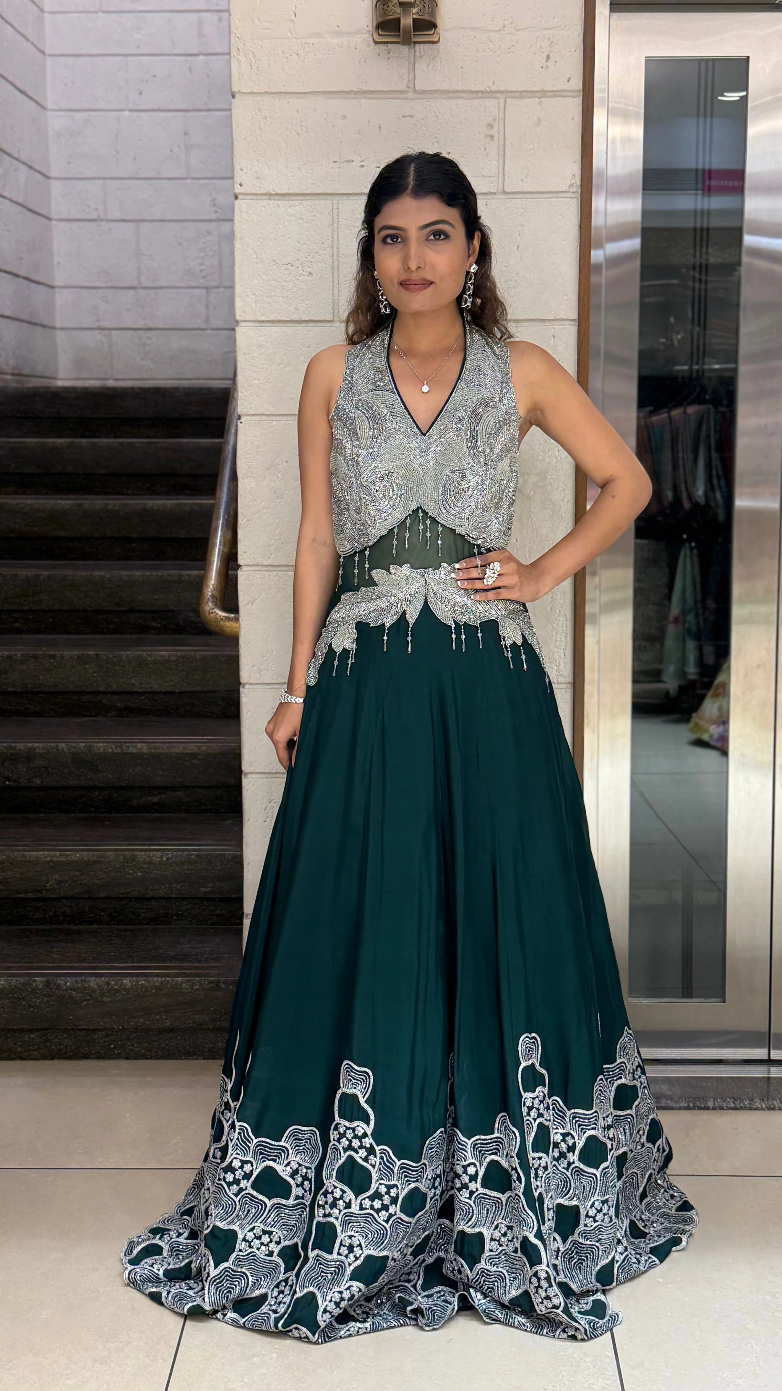Silver Embellished Halter-Neck Designer Evening Gown - Image 9