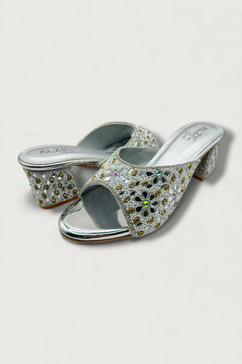 Silver Embroidered Block-Heel Slip-On Sandals Mirror & Pearl Work Party Footwear - Image 2
