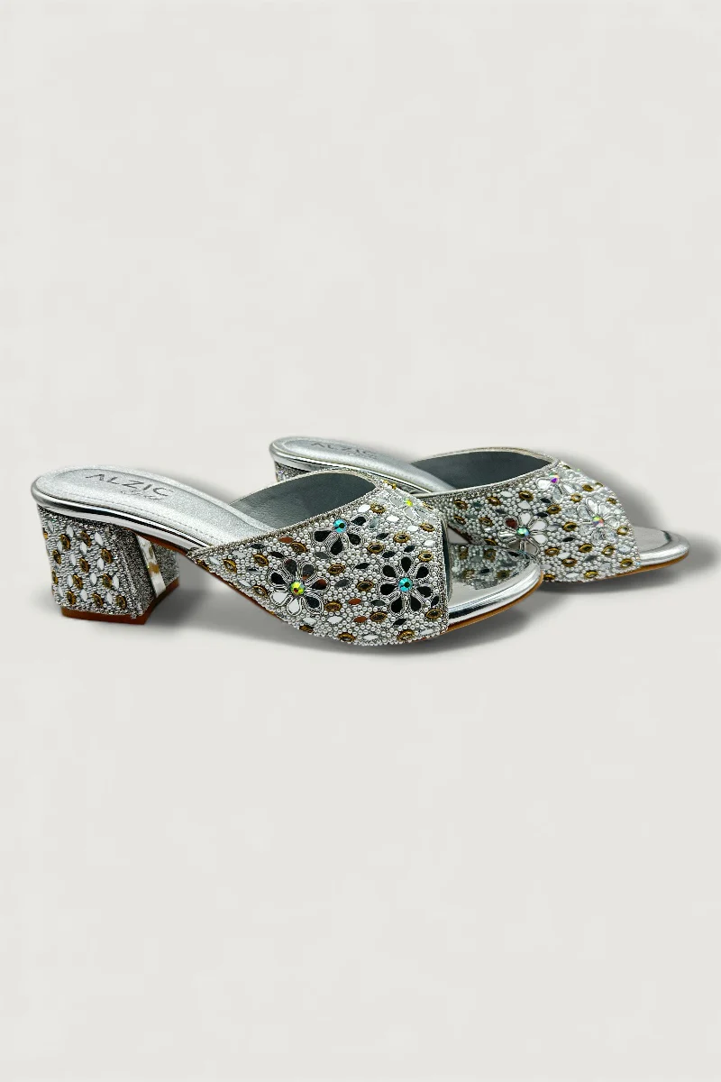 Silver Embroidered Block-Heel Slip-On Sandals Mirror & Pearl Work Party Footwear - Image 3