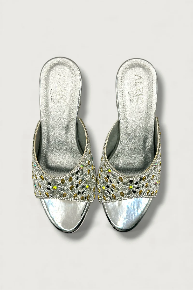 Silver Embroidered Block-Heel Slip-On Sandals Mirror & Pearl Work Party Footwear - Image 4