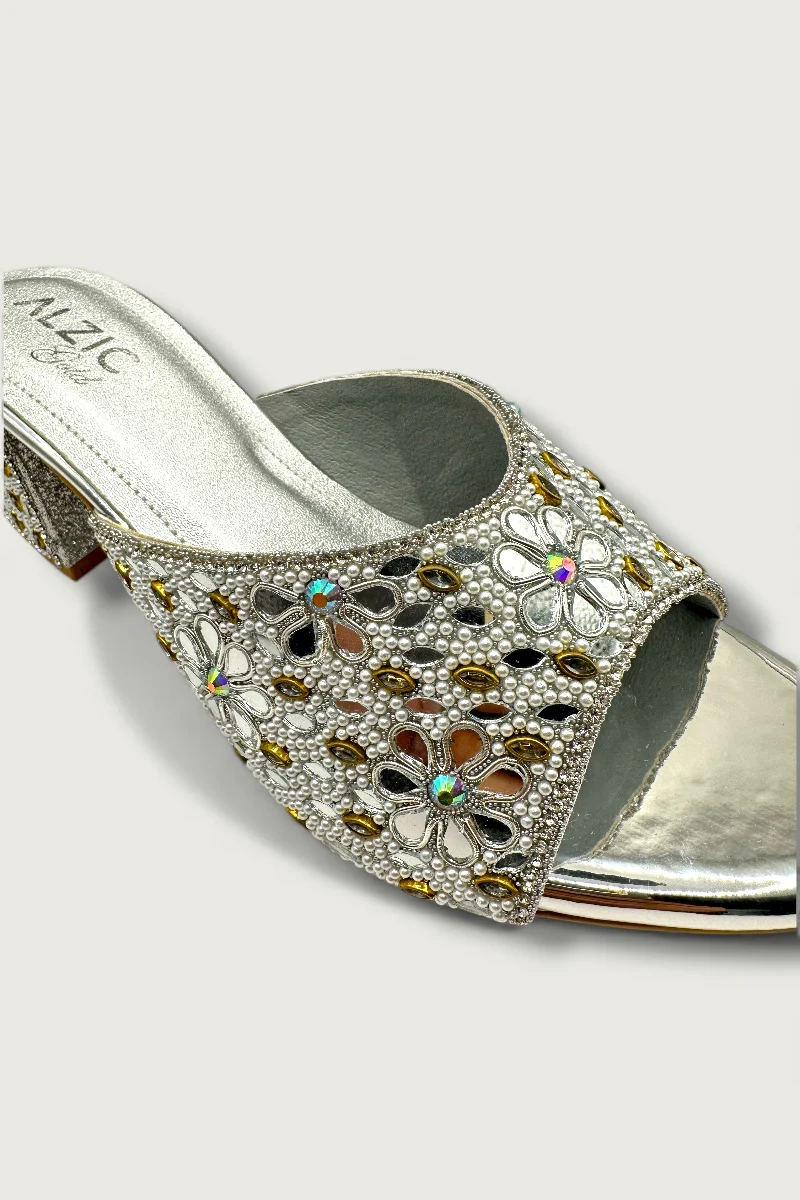 Silver Embroidered Block-Heel Slip-On Sandals Mirror & Pearl Work Party Footwear - Image 5