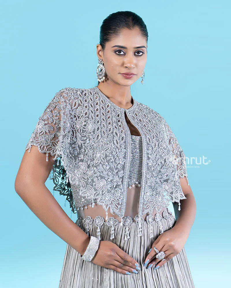 Silver-Gray Embellished Cape with Crop Choli and Pleated Lehenga - Image 2