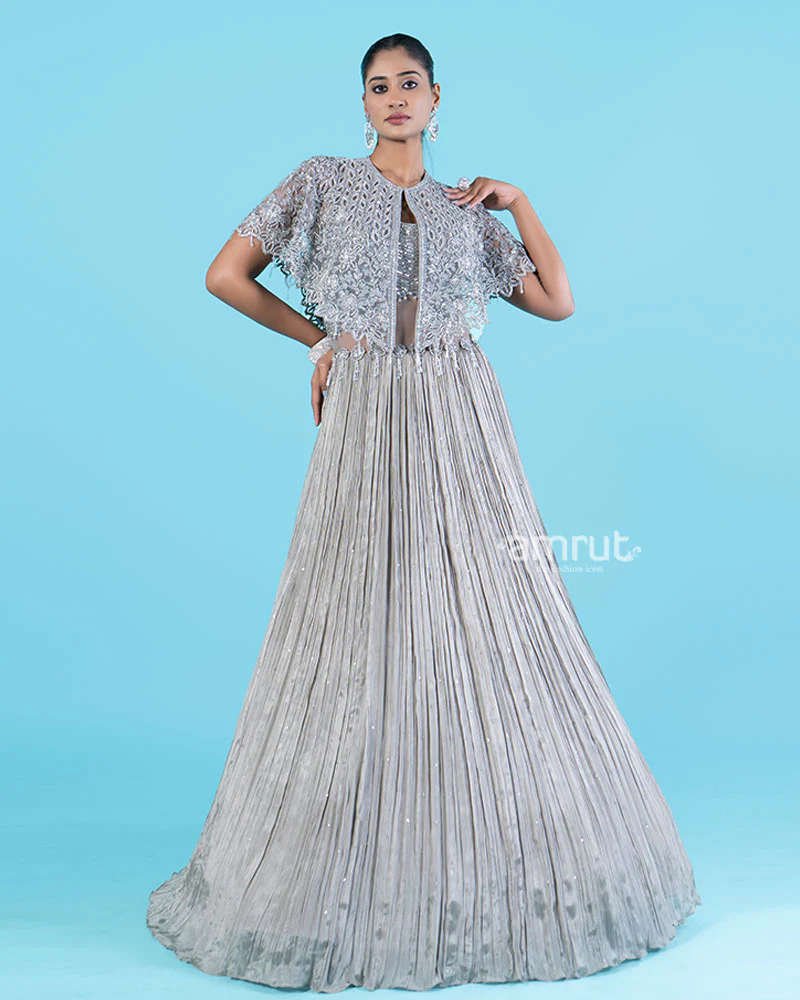 Silver-Gray Embellished Cape with Crop Choli and Pleated Lehenga - Image 4
