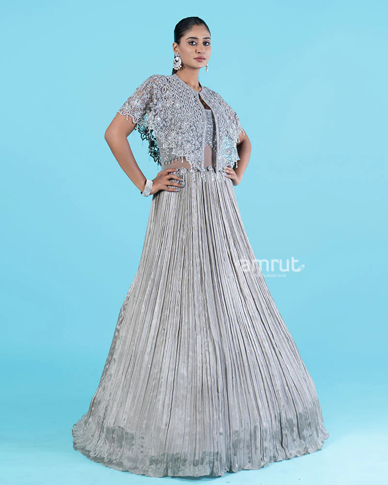 Silver-Gray Embellished Cape with Crop Choli and Pleated Lehenga - Image 5
