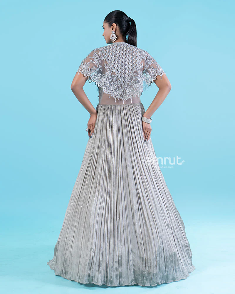 Silver-Gray Embellished Cape with Crop Choli and Pleated Lehenga - Image 6