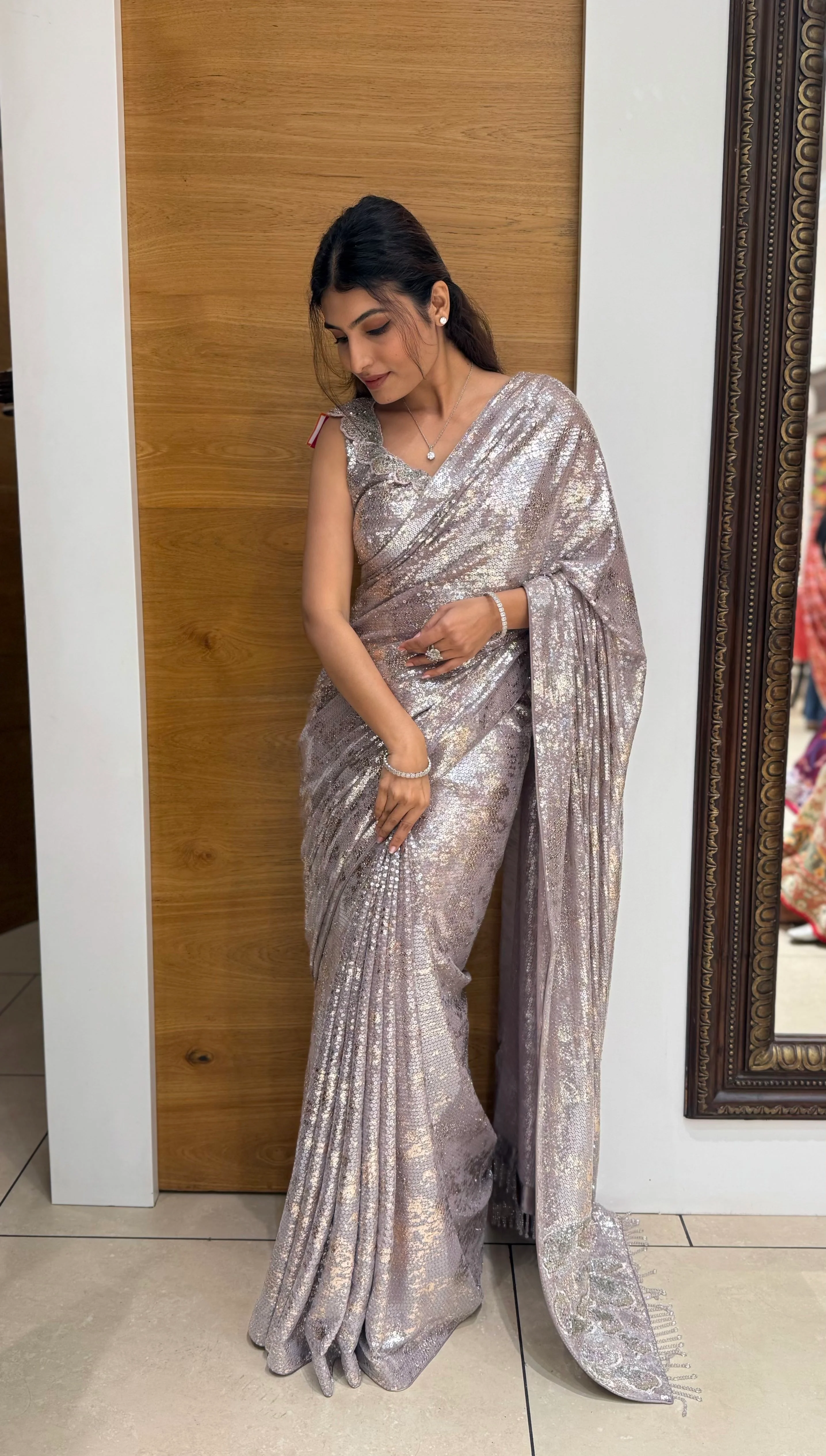 Silver Grey All-Over Sequin Designer Saree with Matching Embellished Blouse - Image 3