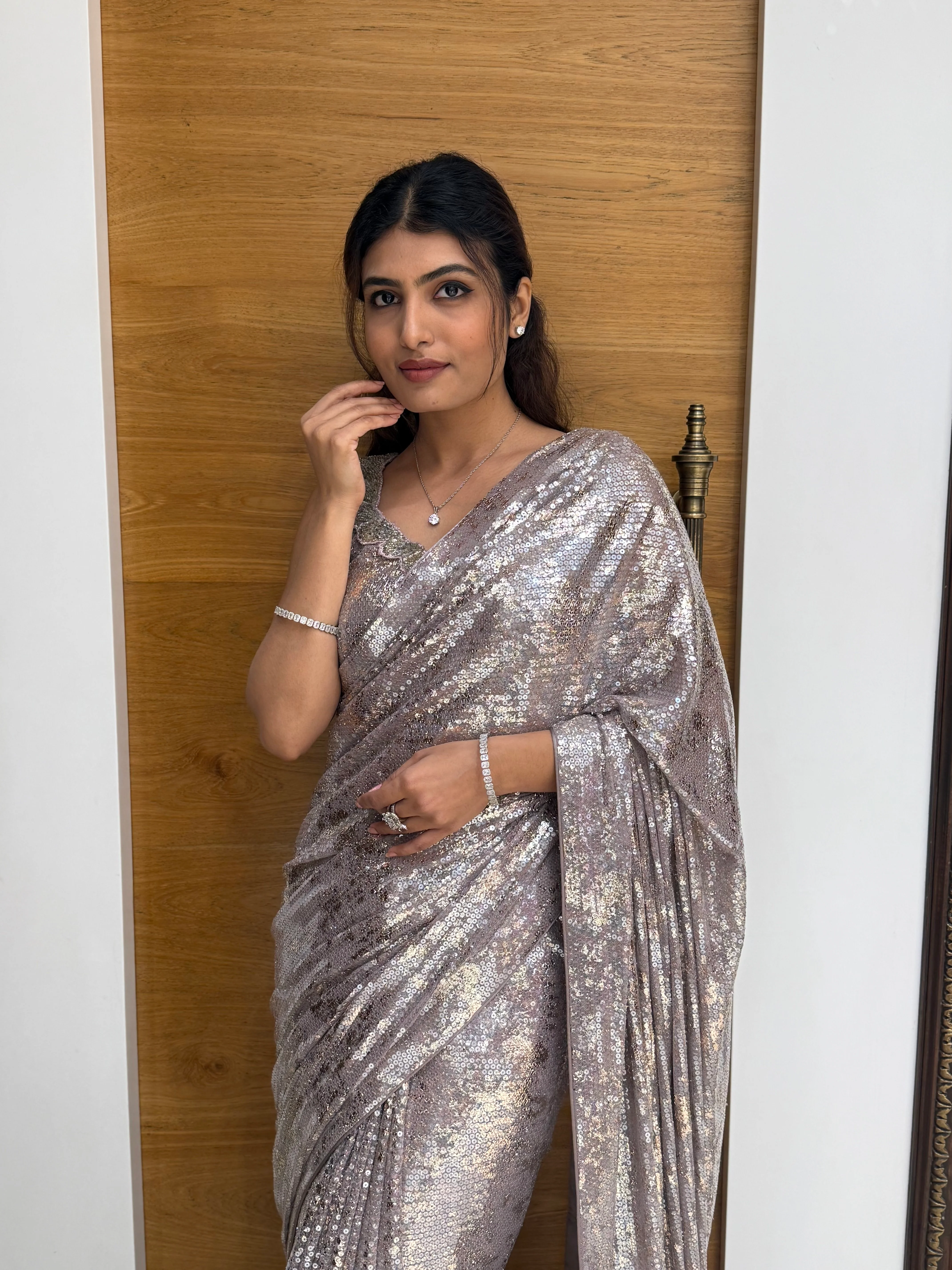 Silver Grey All-Over Sequin Designer Saree with Matching Embellished Blouse - Image 4