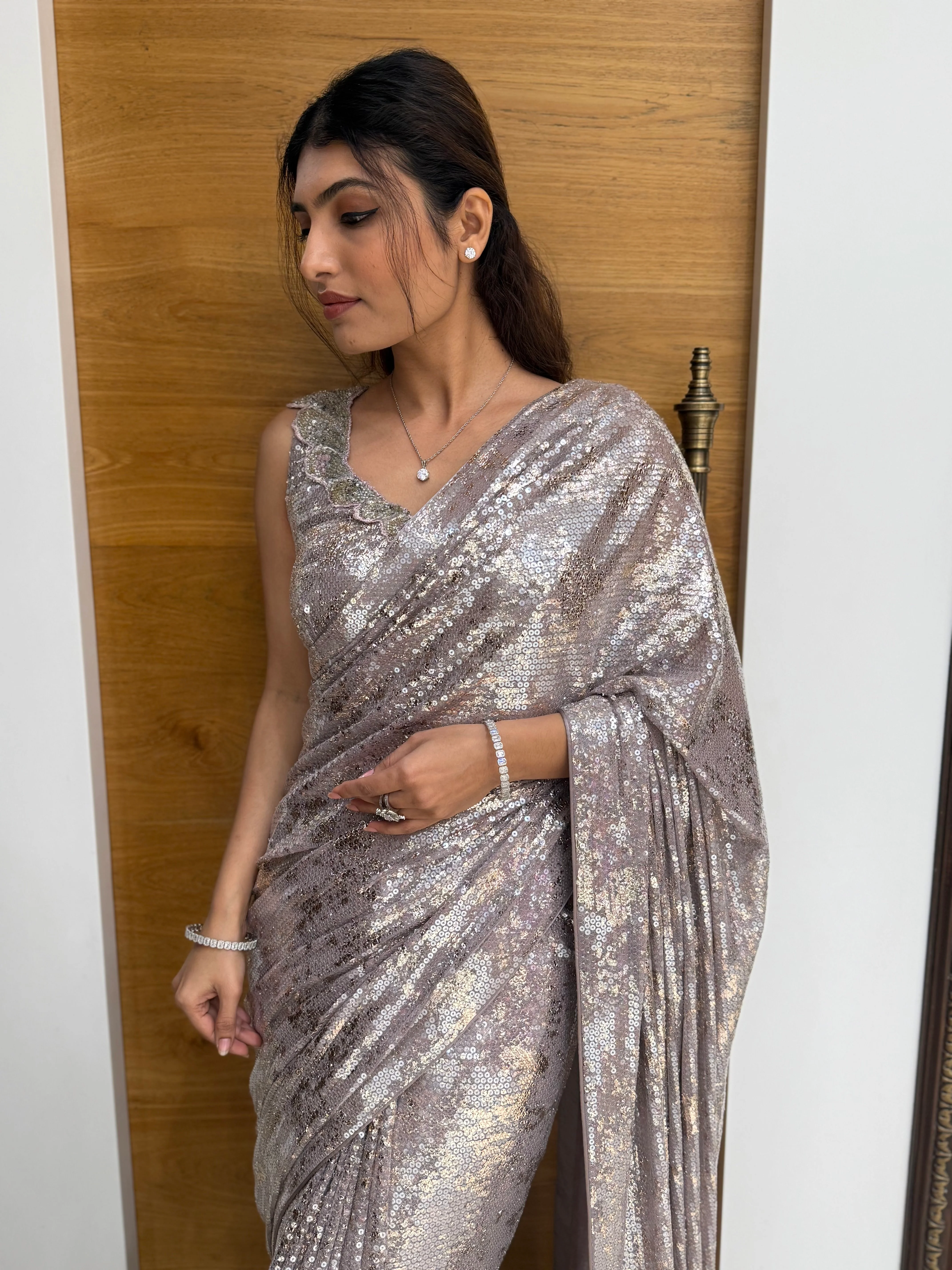 Silver Grey All-Over Sequin Designer Saree with Matching Embellished Blouse - Image 5