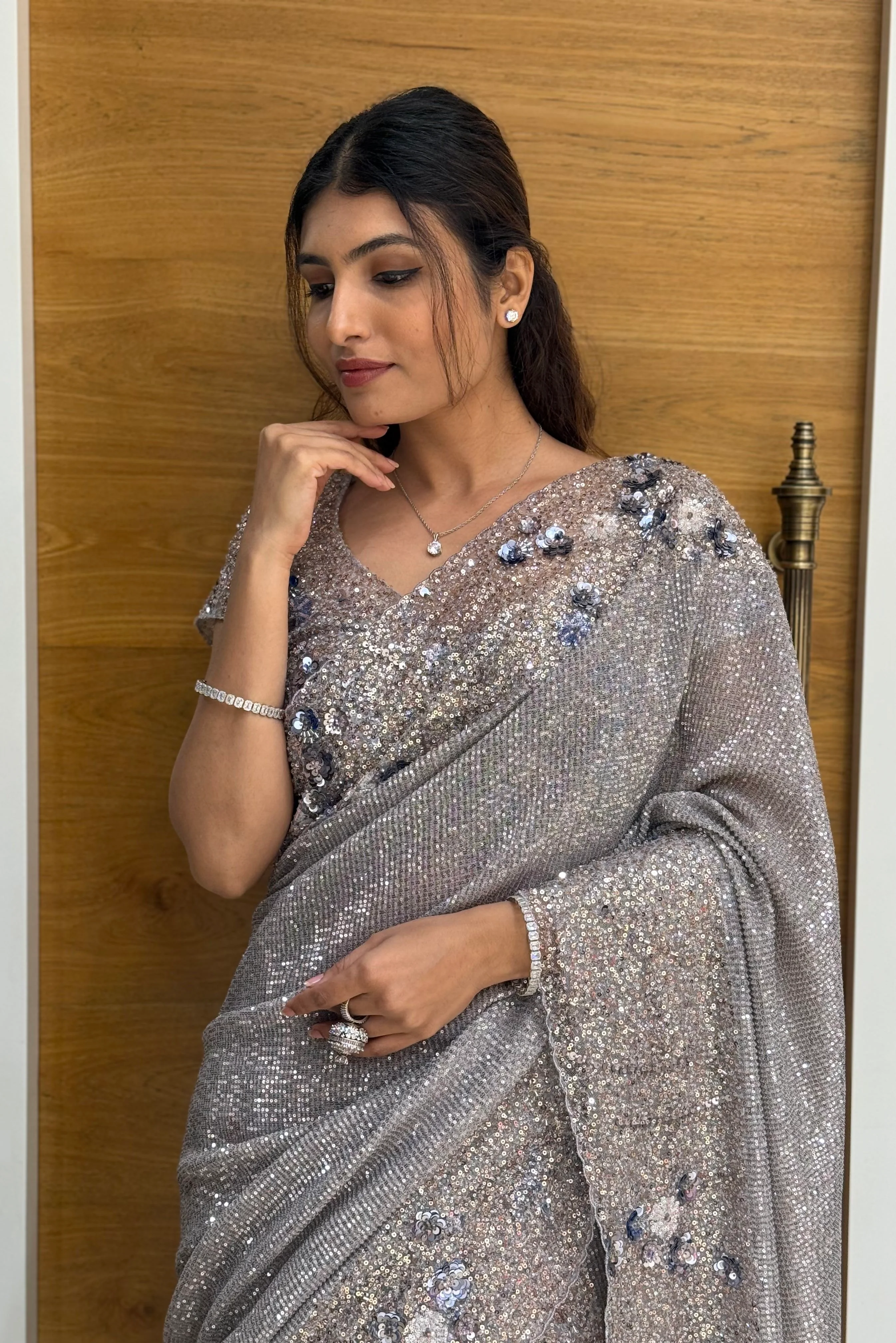 Silver Grey All-Over Sequin Embellished Designer Saree with Matching Blouse - Image 4