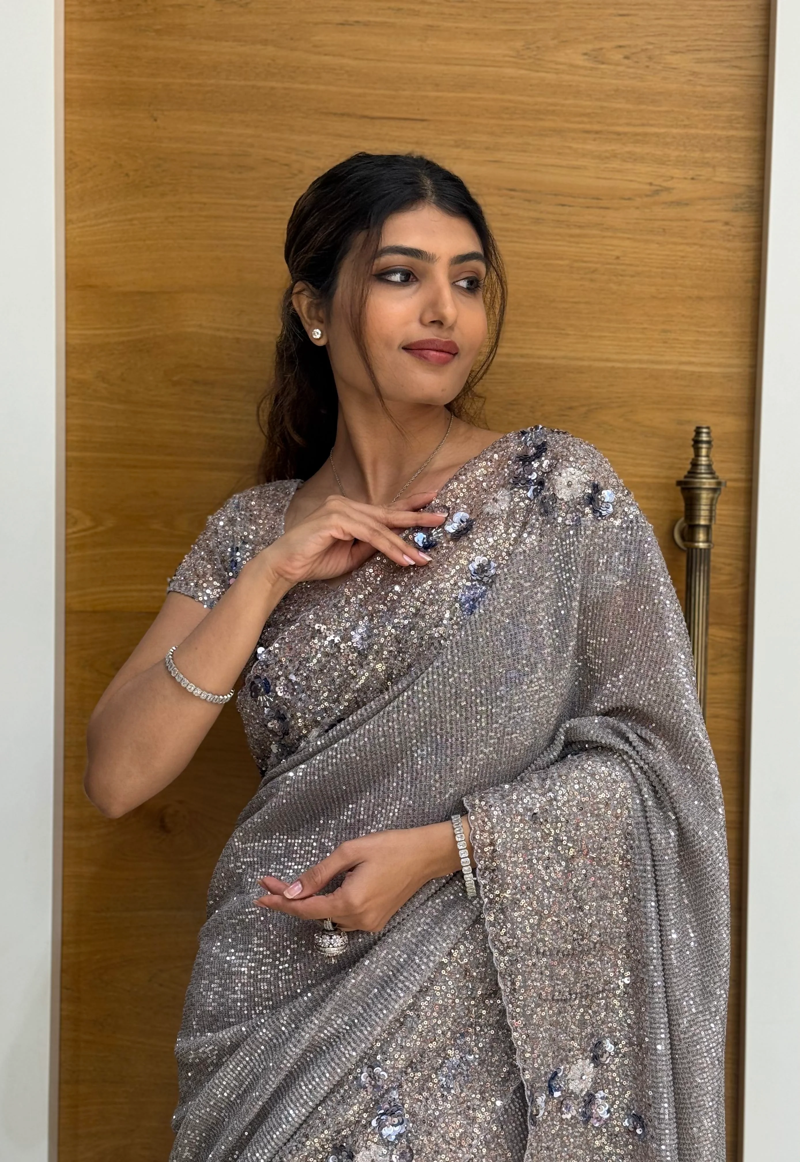 Silver Grey All-Over Sequin Embellished Designer Saree with Matching Blouse - Image 5
