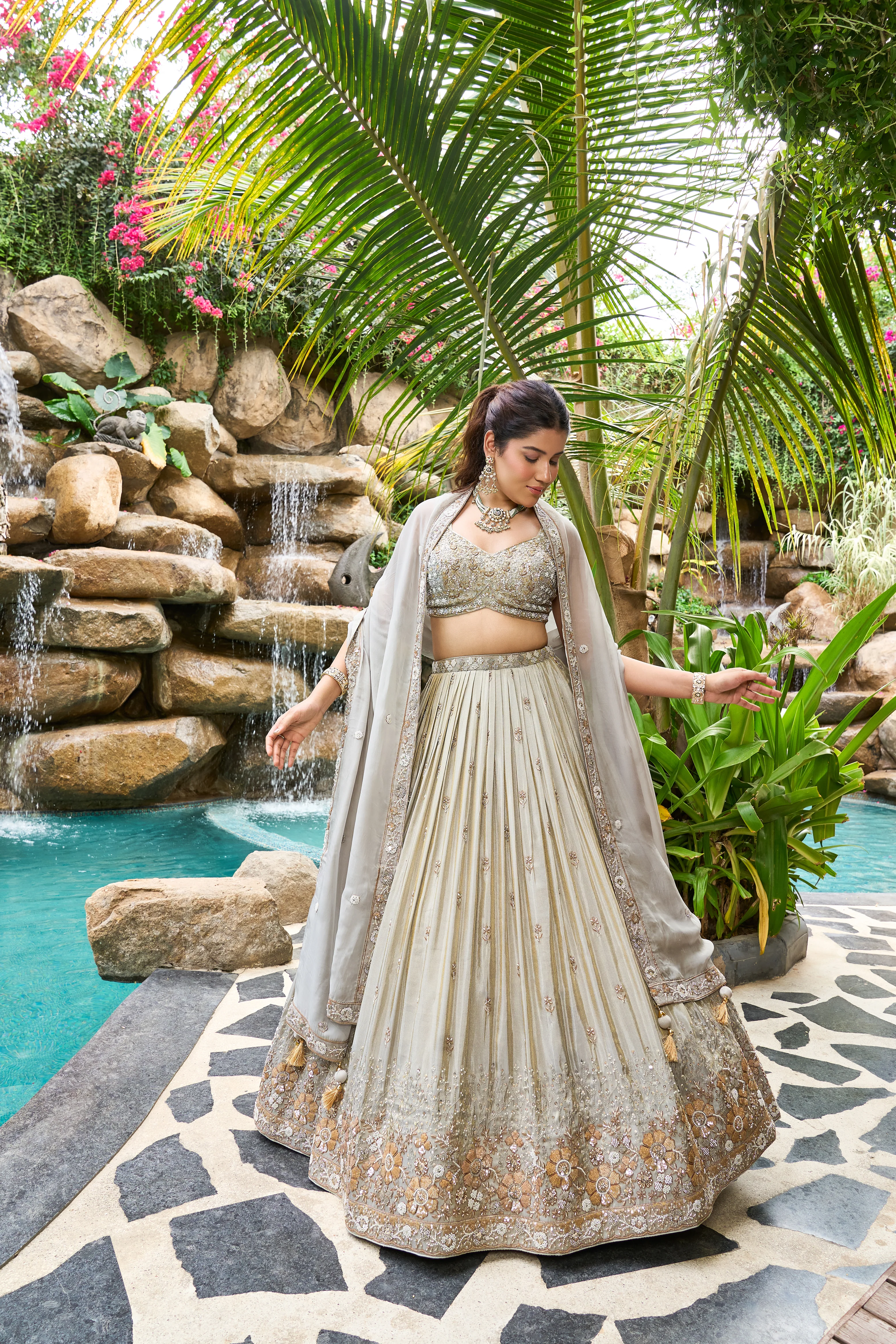 Silver Grey Designer Lehenga Set with Embroidered Blouse & Elegant Dupatta - Image 2