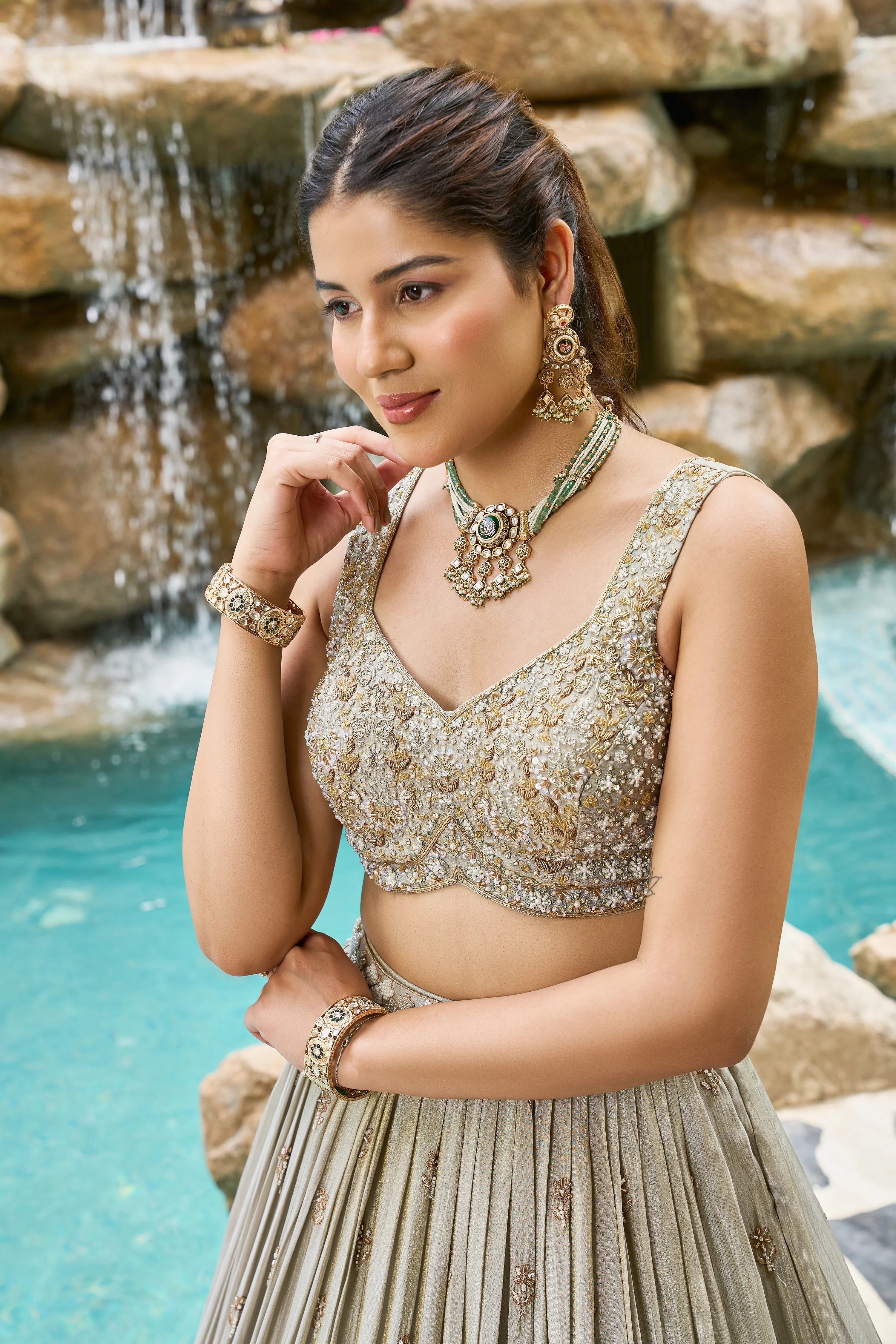 Silver Grey Designer Lehenga Set with Embroidered Blouse & Elegant Dupatta - Image 3