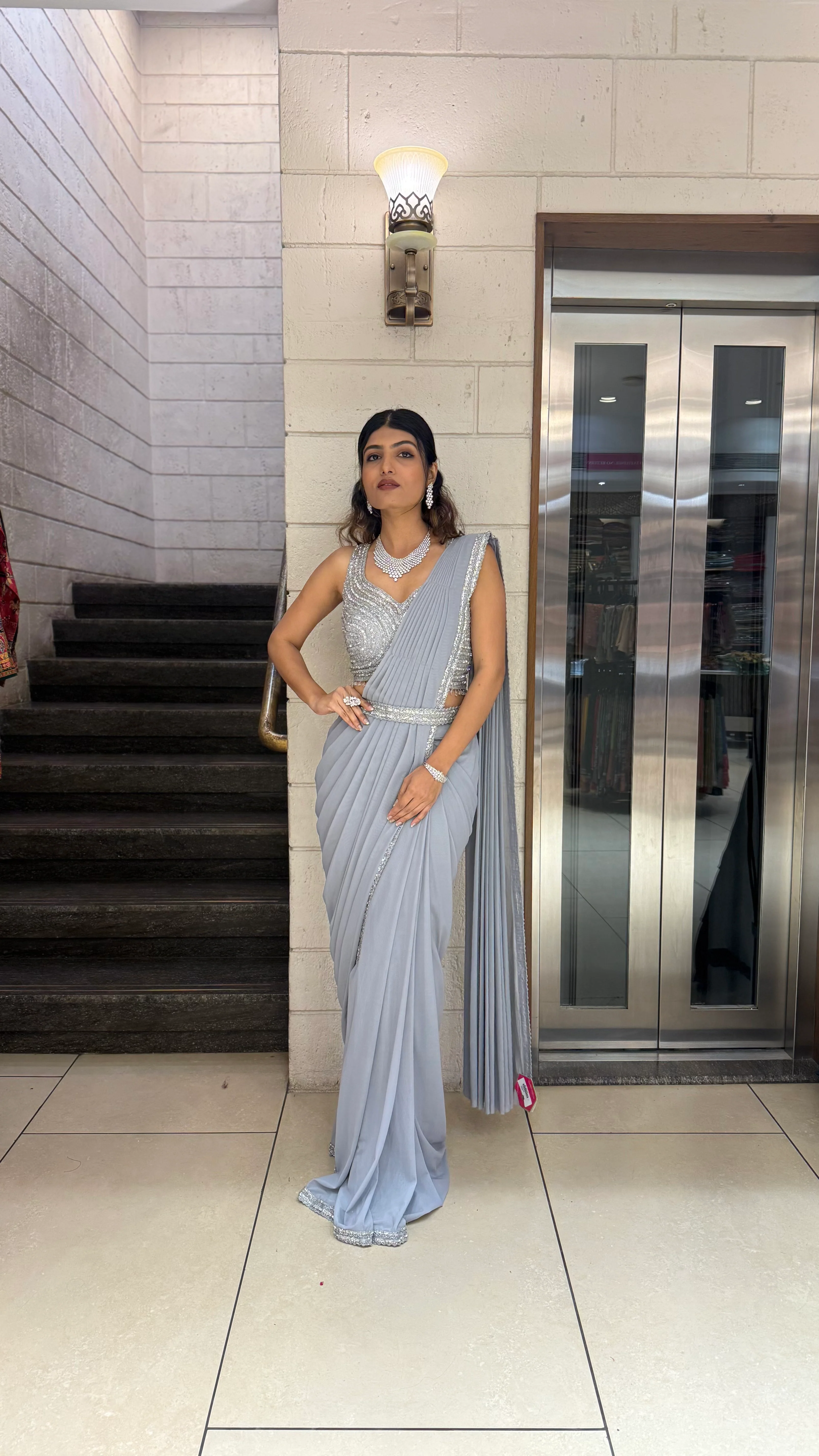 Silver Grey Designer Ready-to-Wear Saree with Sequin Blouse - Image 4