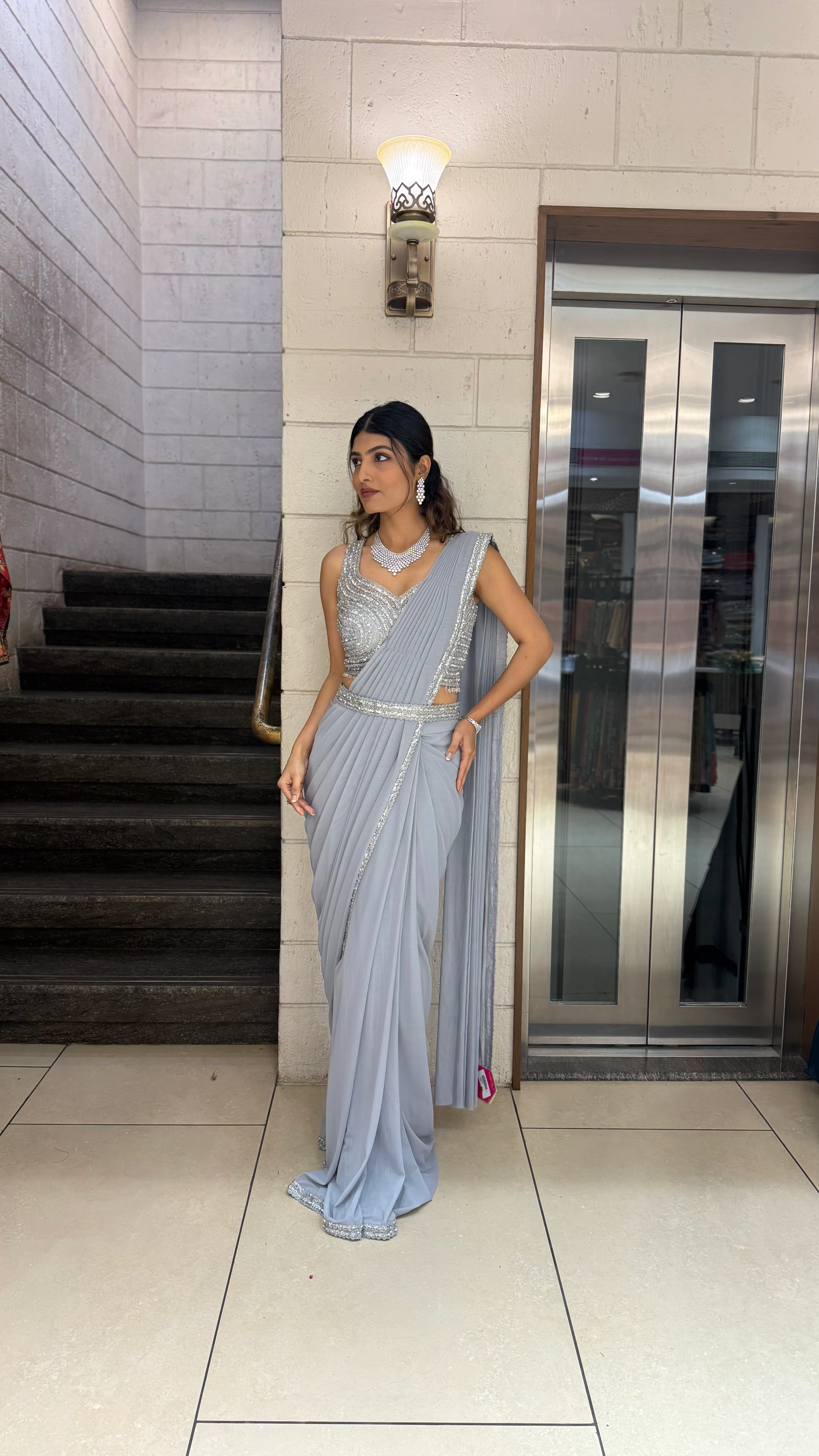 Silver Grey Designer Ready-to-Wear Saree with Sequin Blouse - Image 5
