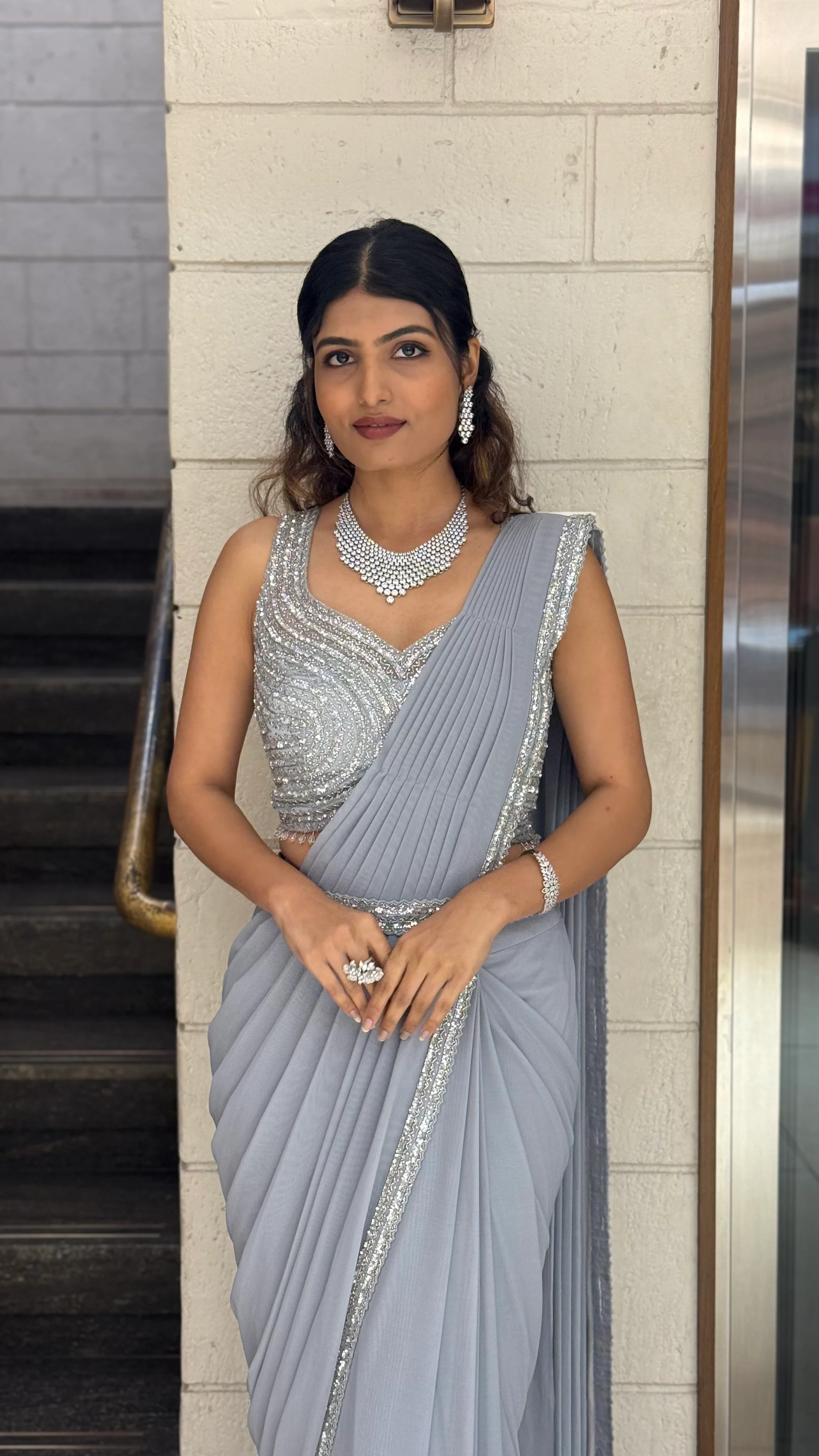 Silver Grey Designer Ready-to-Wear Saree with Sequin Blouse - Image 6