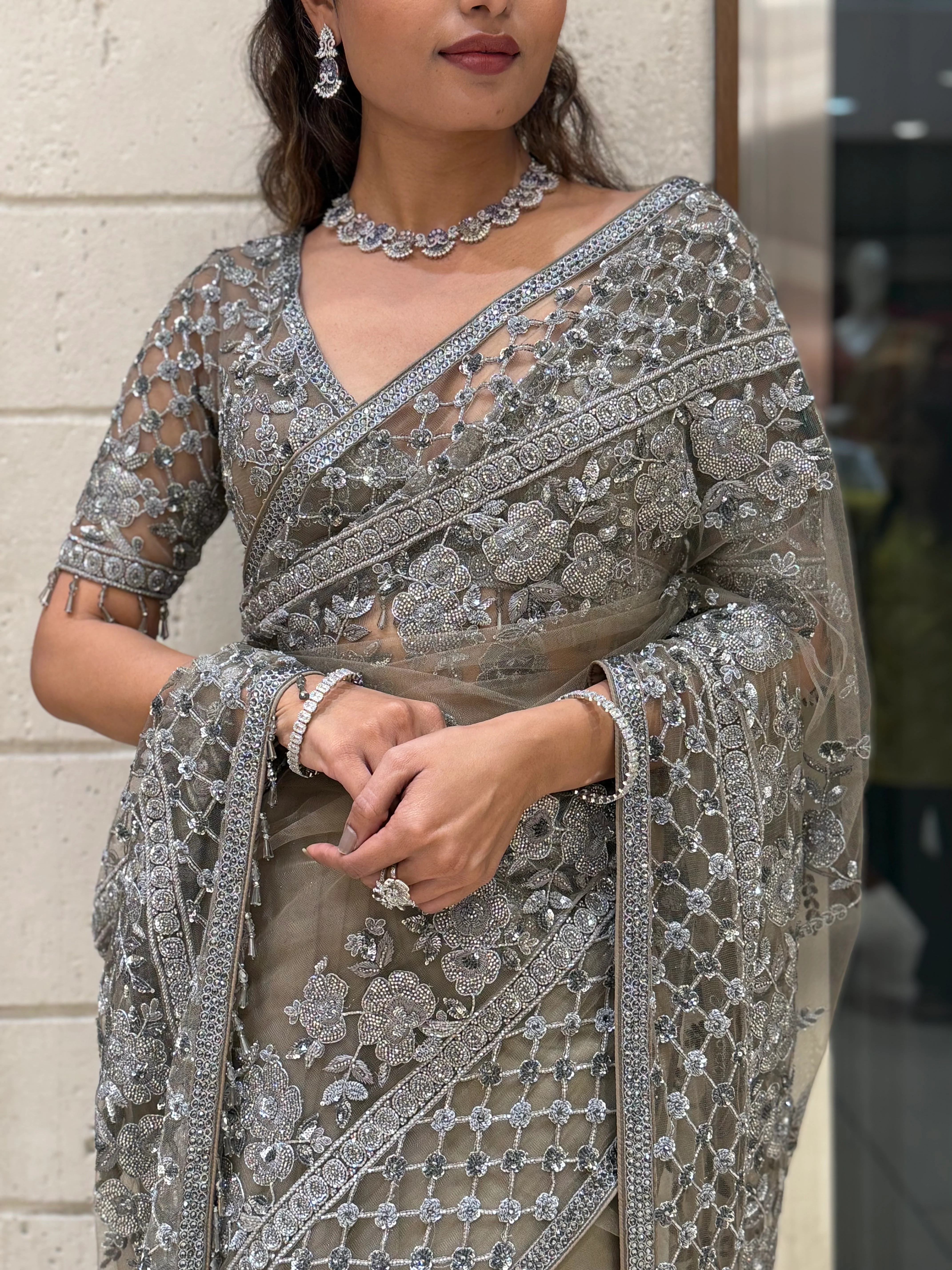Silver Grey Heavy Embroidered Designer Net Saree with Matching Blouse - Image 2