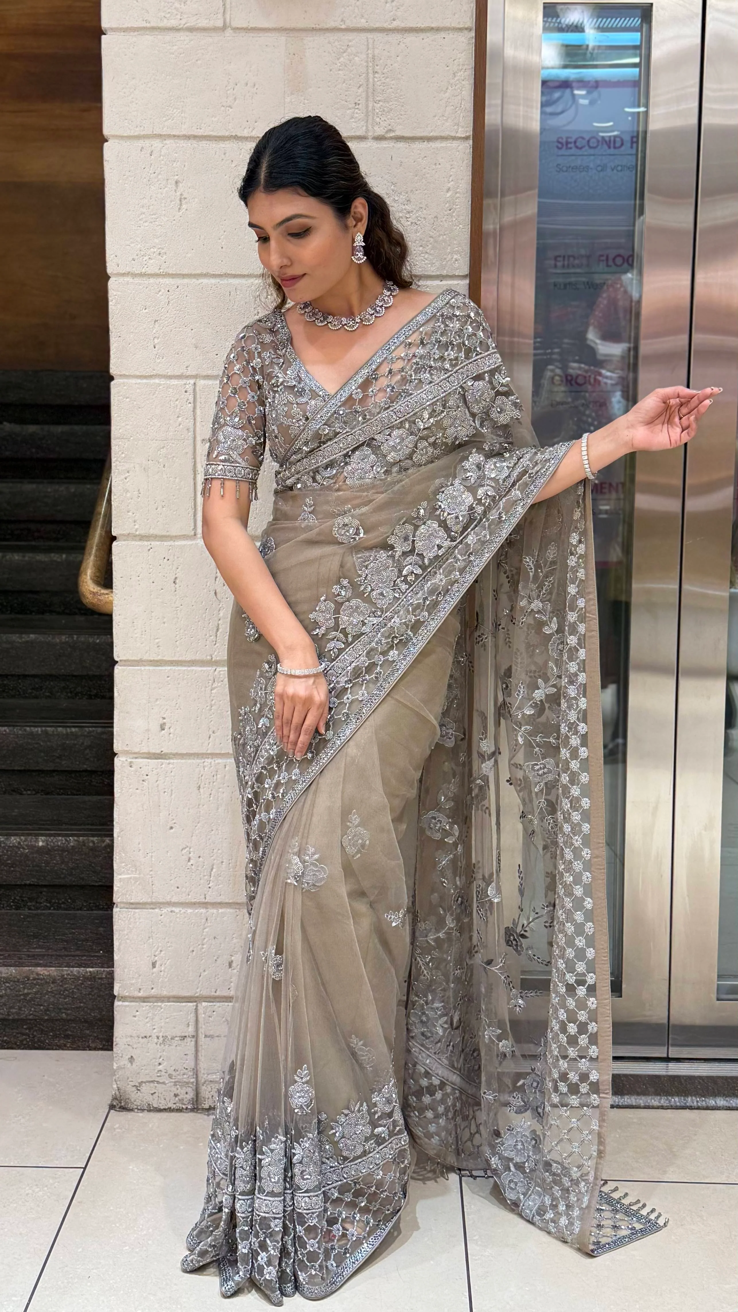 Silver Grey Heavy Embroidered Designer Net Saree with Matching Blouse - Image 3