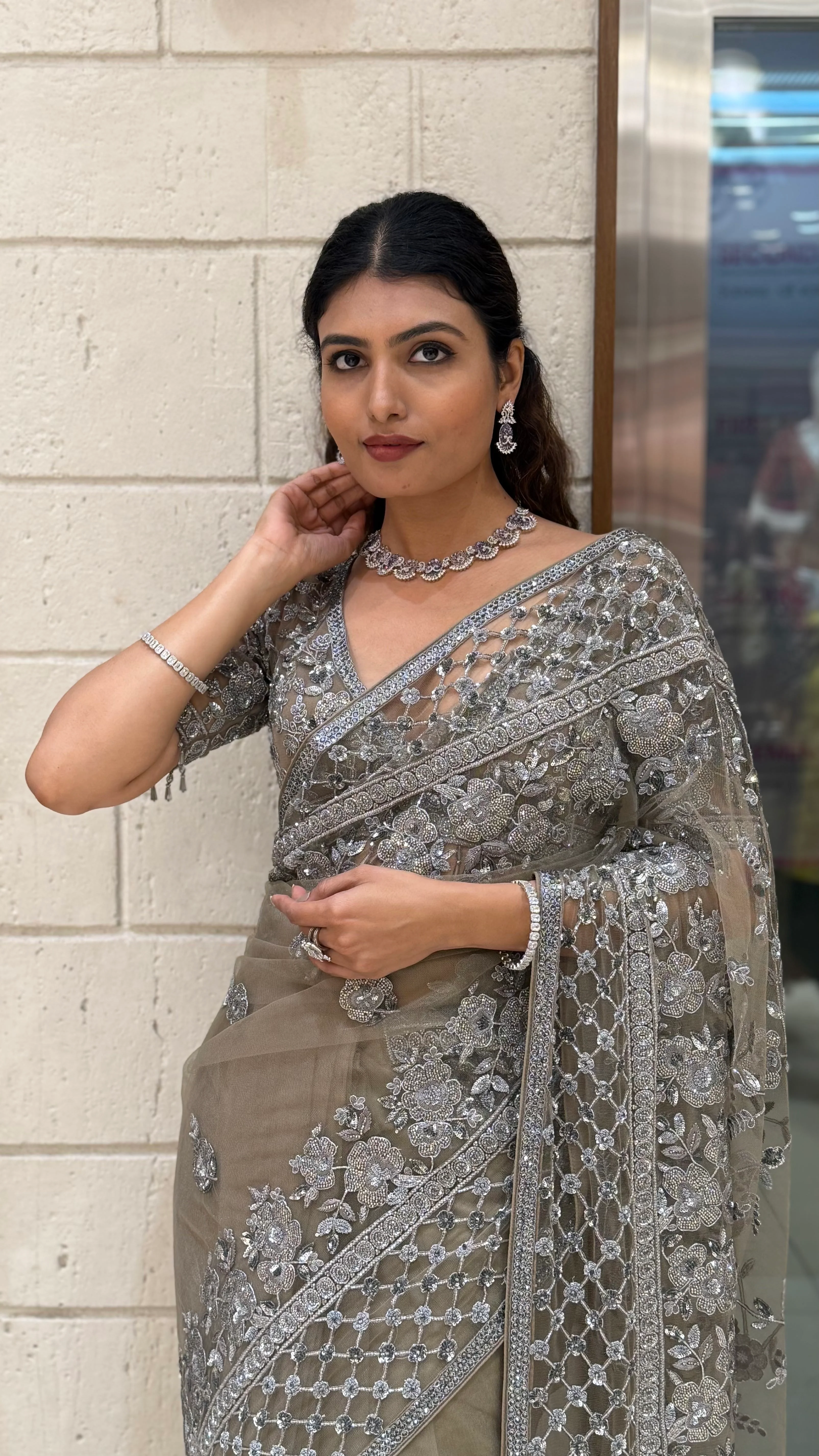 Silver Grey Heavy Embroidered Designer Net Saree with Matching Blouse - Image 4