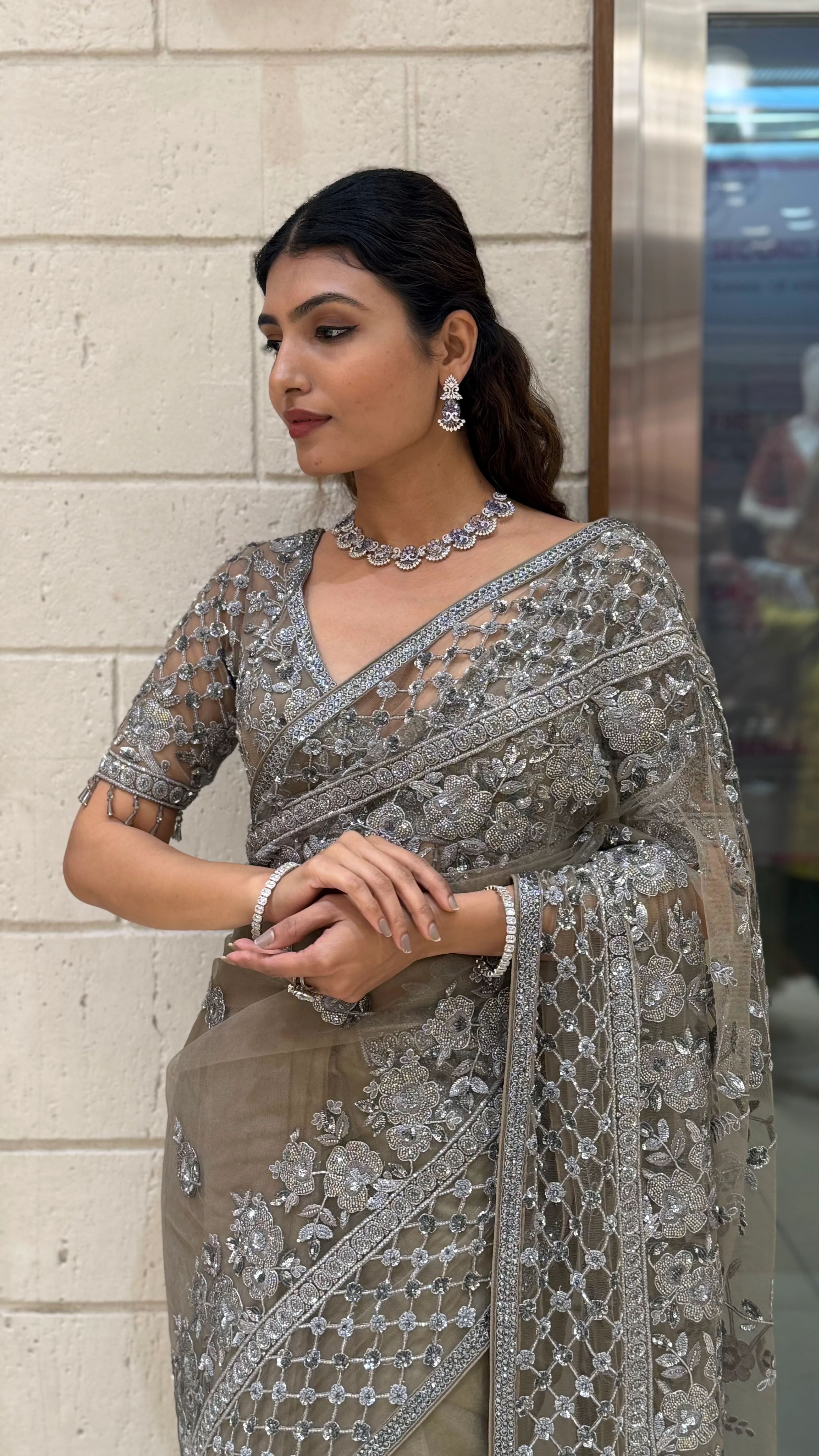 Silver Grey Heavy Embroidered Designer Net Saree with Matching Blouse - Image 5