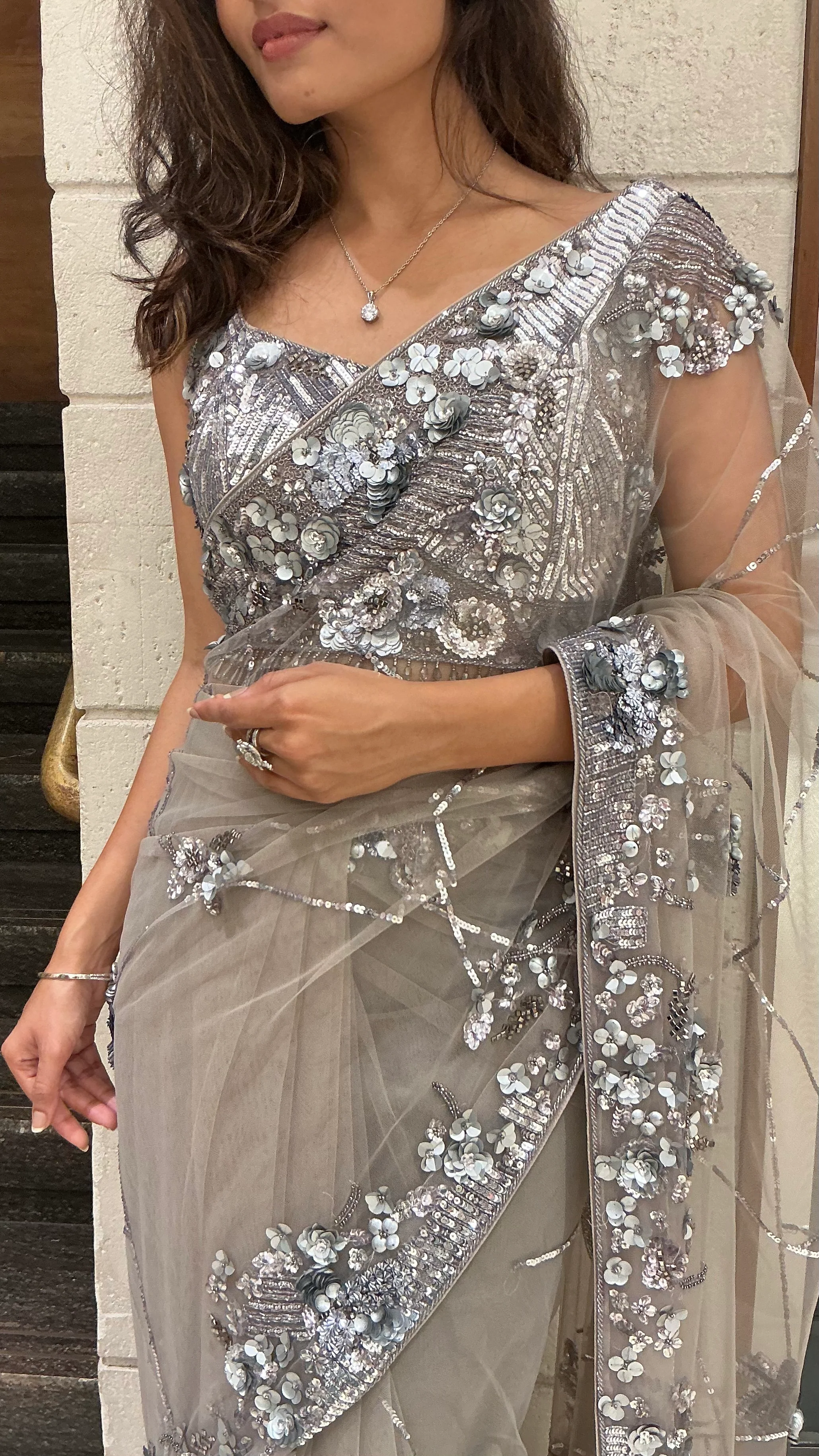 Silver Grey Sequin Embellished Designer Saree with Heavy Blouse - Image 2