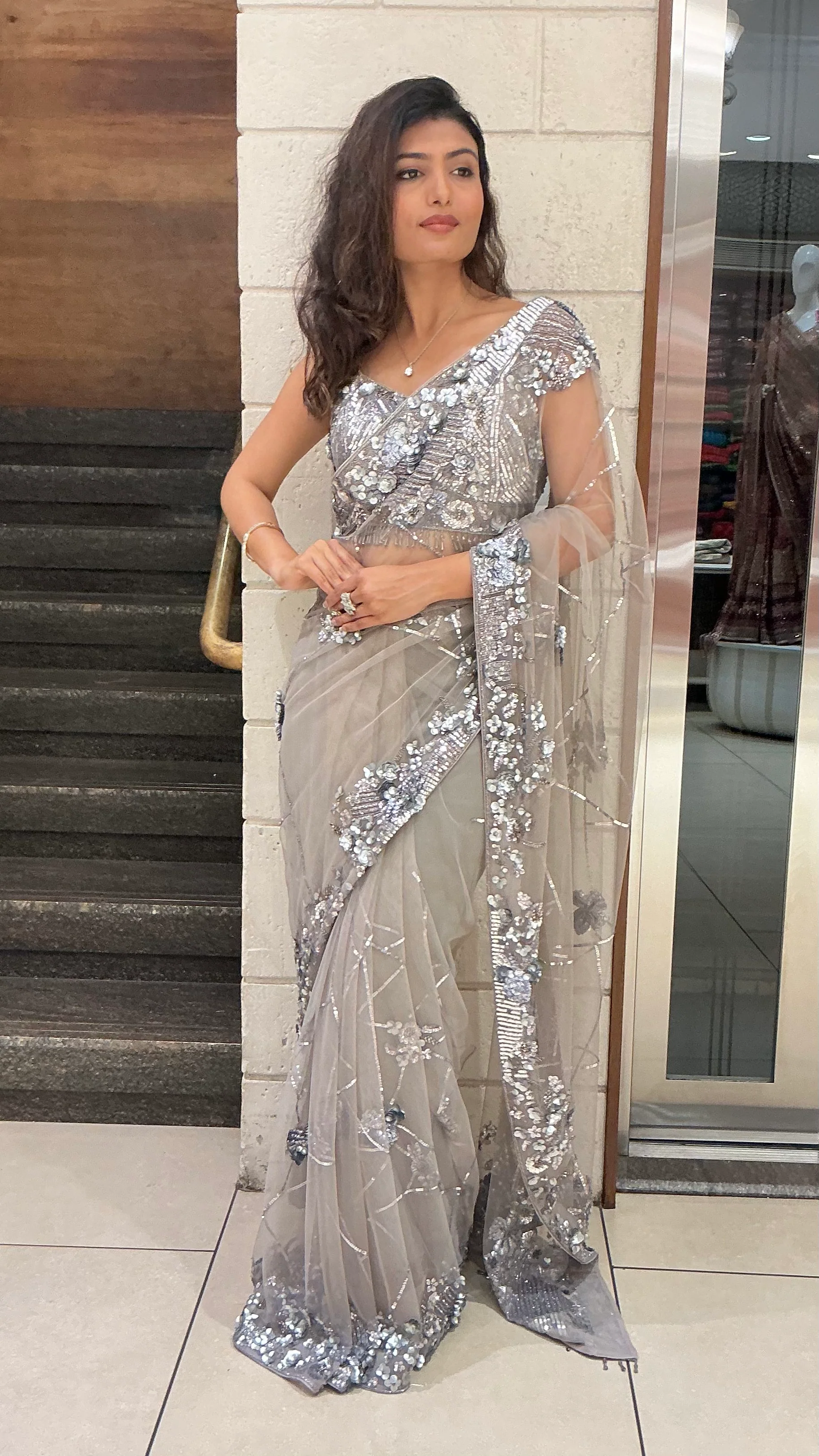 Silver Grey Sequin Embellished Designer Saree with Heavy Blouse - Image 3