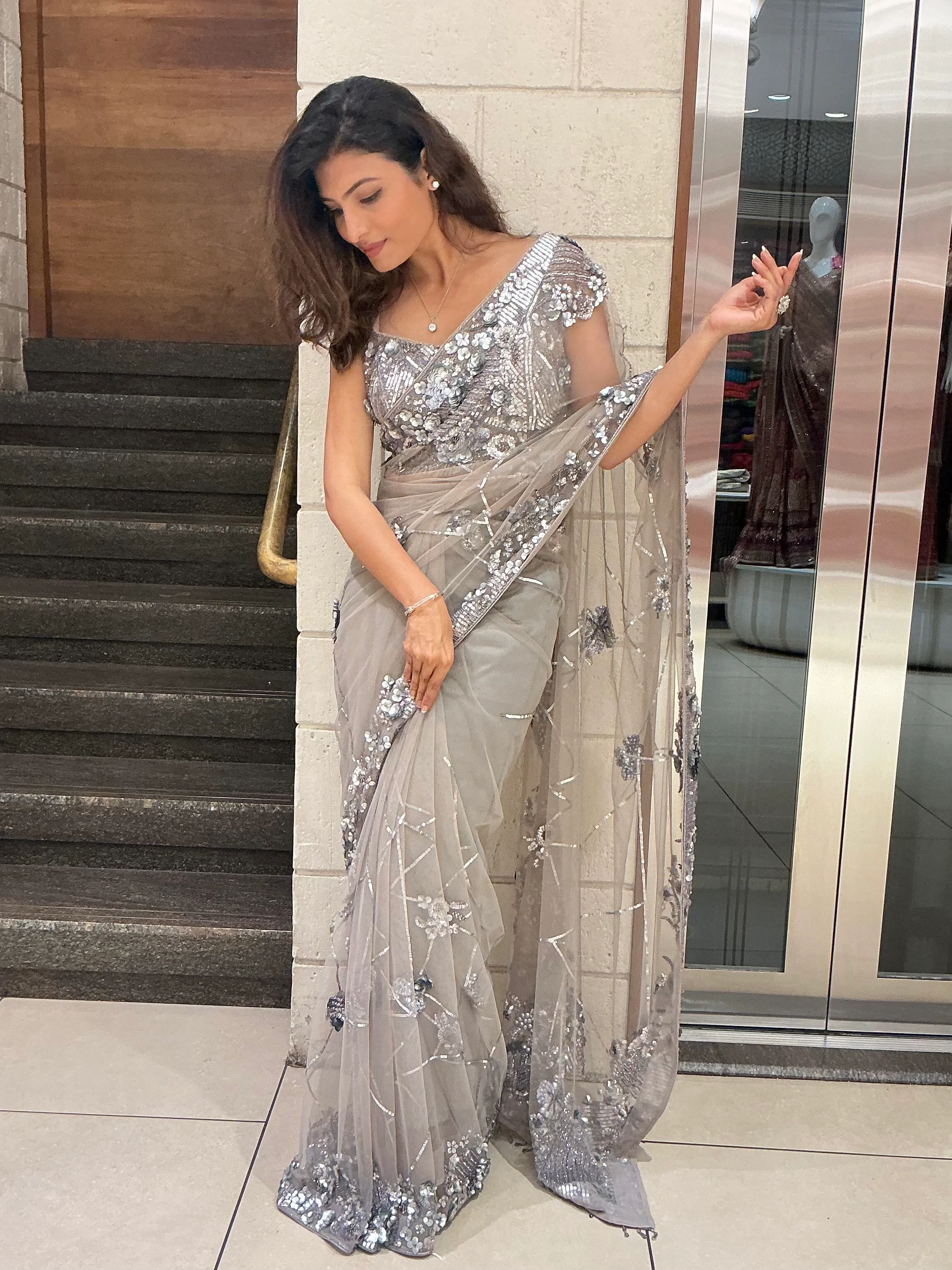 Silver Grey Sequin Embellished Designer Saree with Heavy Blouse - Image 4