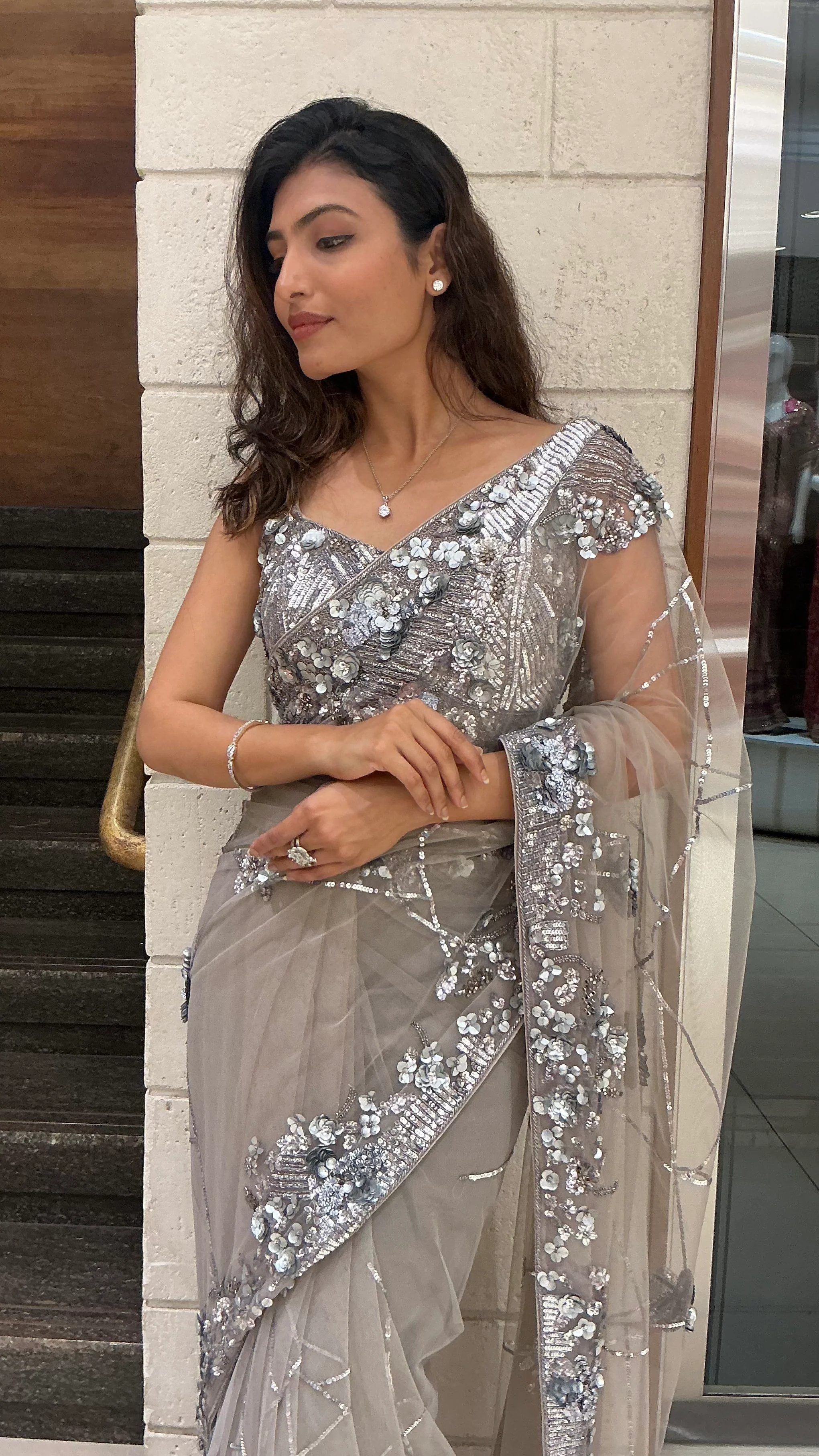 Silver Grey Sequin Embellished Designer Saree with Heavy Blouse - Image 5