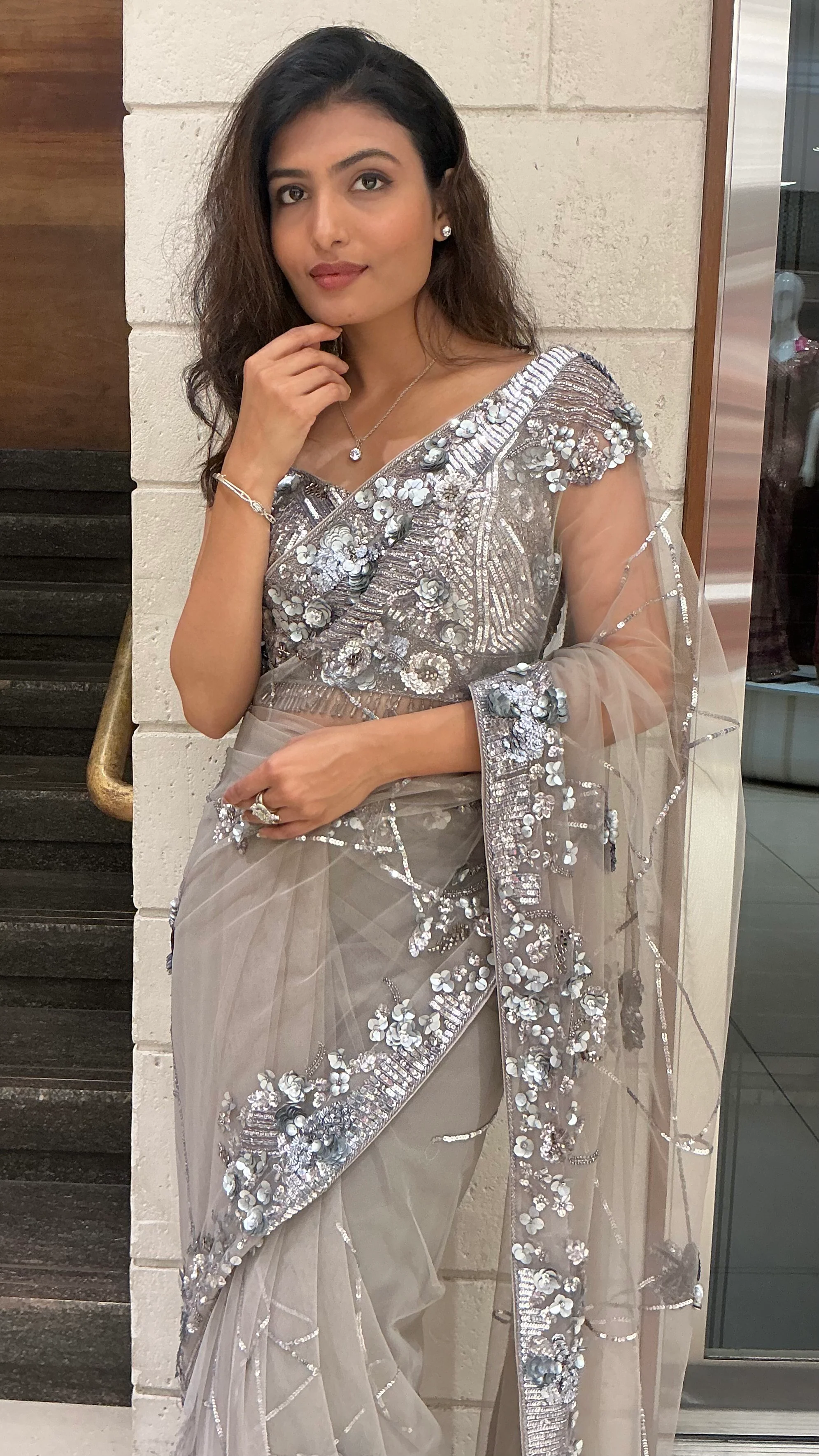 Silver Grey Sequin Embellished Designer Saree with Heavy Blouse - Image 6