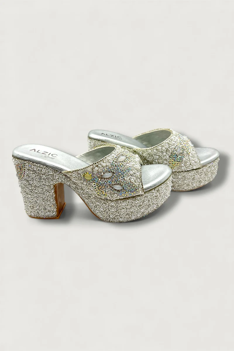 Silver Luxury Pearl & Crystal Hand-Embellished High Platform Designer Heels - Image 2
