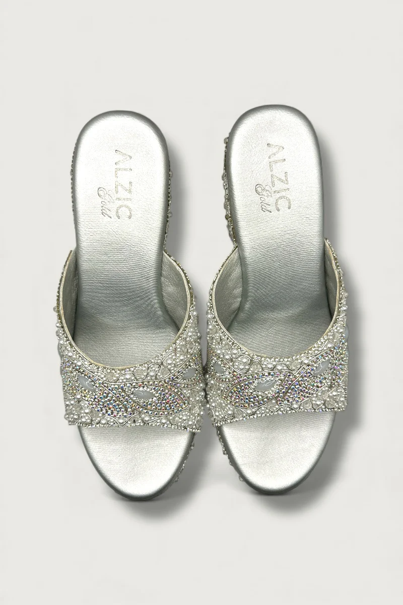 Silver Luxury Pearl & Crystal Hand-Embellished High Platform Designer Heels - Image 3