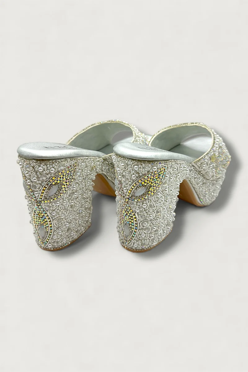 Silver Luxury Pearl & Crystal Hand-Embellished High Platform Designer Heels - Image 4