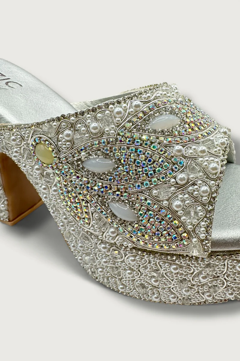 Silver Luxury Pearl & Crystal Hand-Embellished High Platform Designer Heels - Image 5