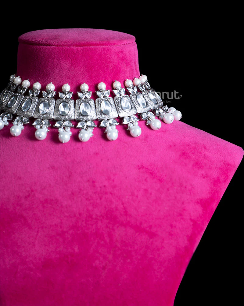 Silver Tone Sparkling Stones and Pearl Dangles Choker Necklace set - Image 2