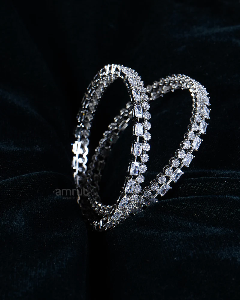 Silver-Toned CZ Stone-Studded Designer Bangle Set - Image 2