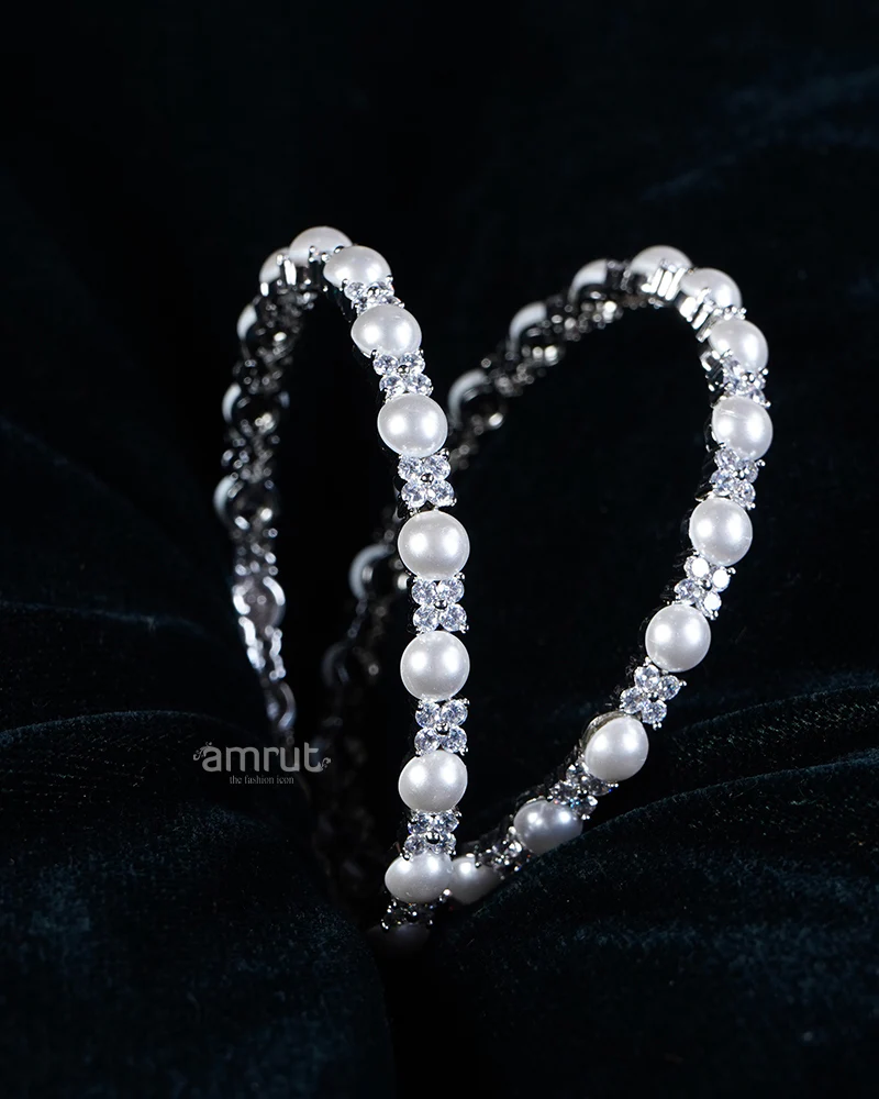 Silver Toned Heart-Shaped Pearls and Crystals Bangle - Image 2