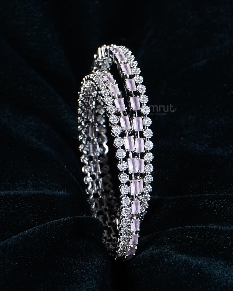 Silver-Toned with Clear and Pink Stones Bangle Set - Image 2
