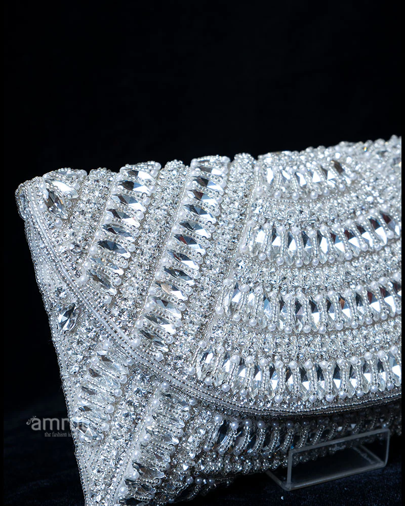Silvery-White Beaded Envelope with Rhinestone Accents Clutch Handbag - Image 2