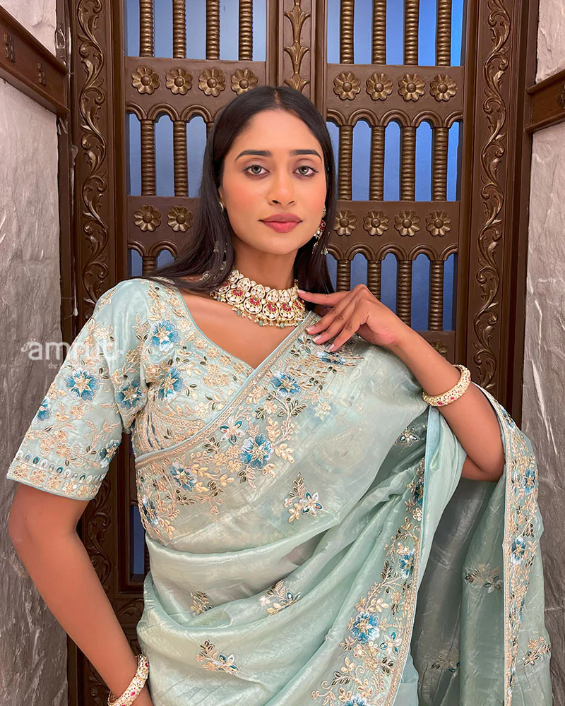 Sky Blue Embroidered Organza Saree with Stitched Blouse - Image 4