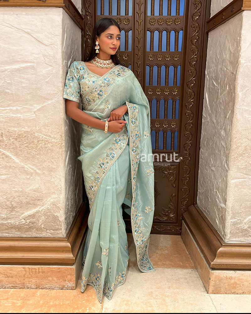 Sky Blue Embroidered Organza Saree with Stitched Blouse - Image 5