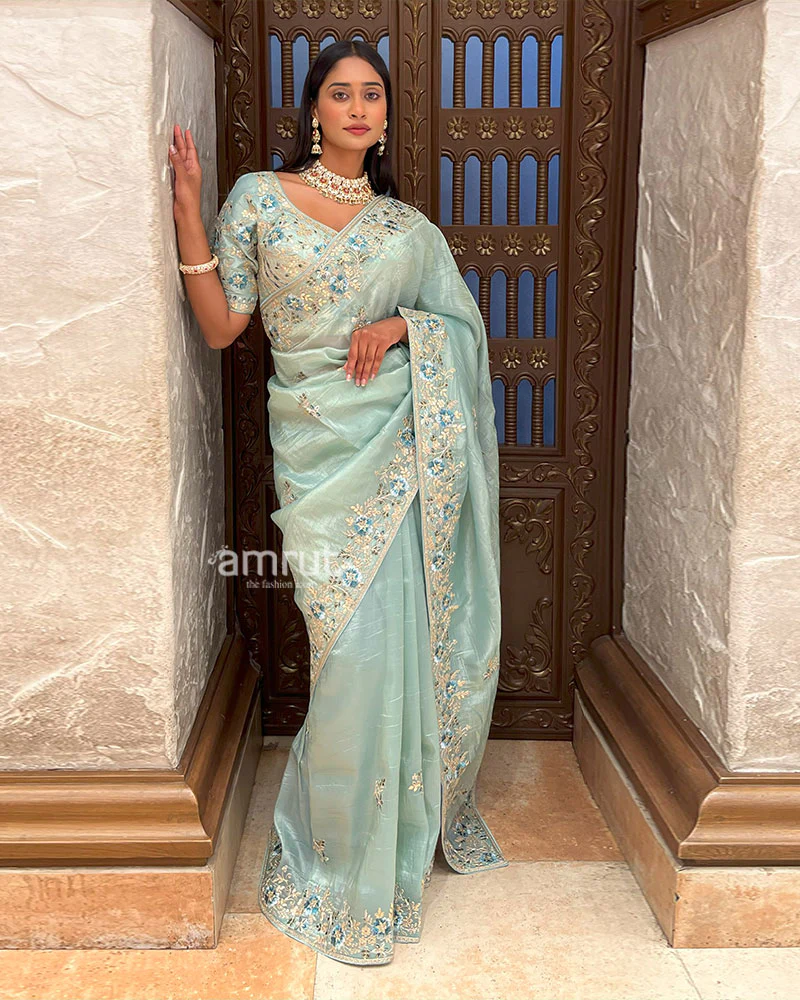 Sky Blue Embroidered Organza Saree with Stitched Blouse - Image 6