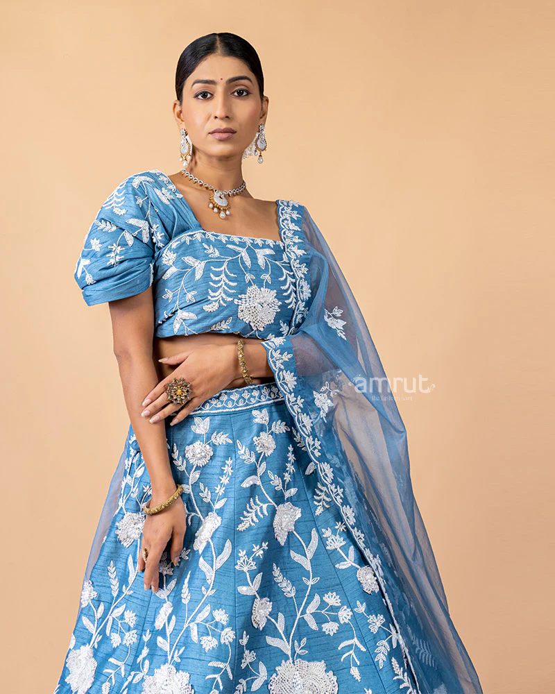 Sky Blue Floral Printed Unstitched Lehenga With Dupatta - Image 3