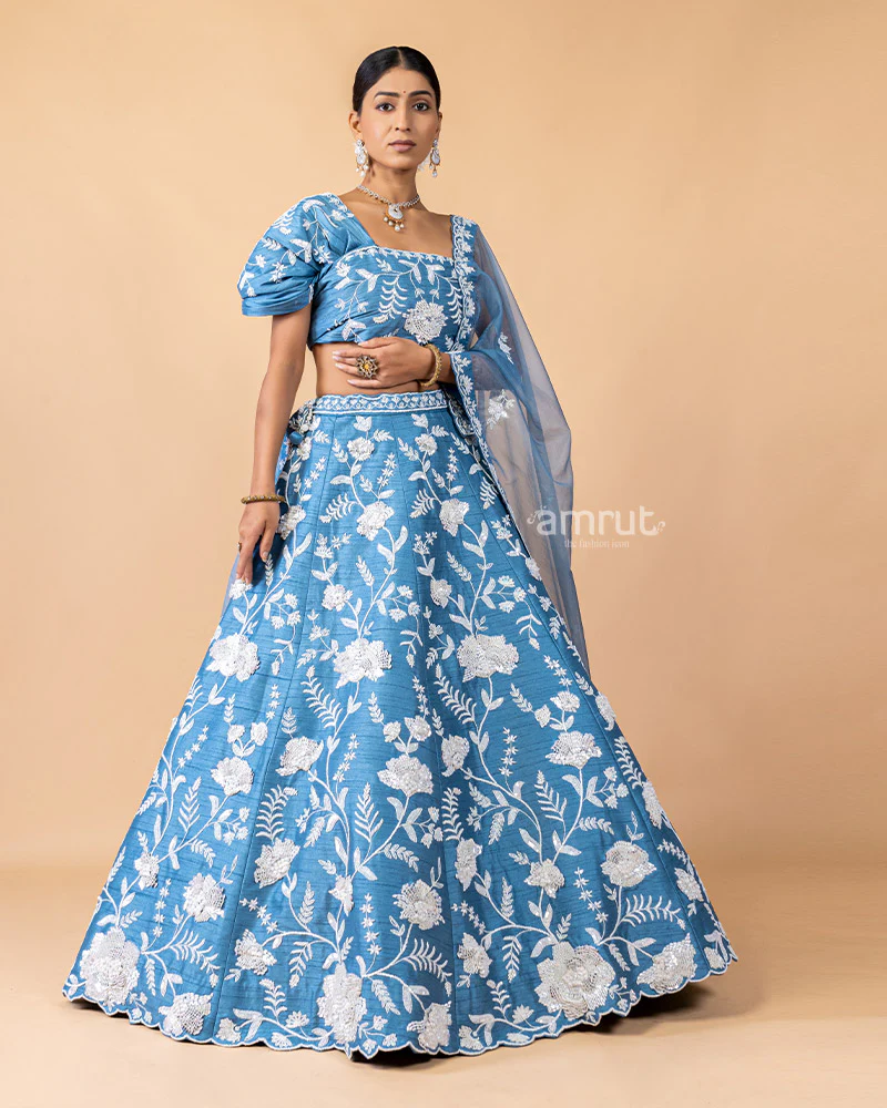 Sky Blue Floral Printed Unstitched Lehenga With Dupatta - Image 4