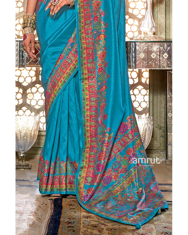 Sky Blue Intricate Floral Embroidery Embellished Pashmina Silk Saree with Unstitched Blouse - Image 3