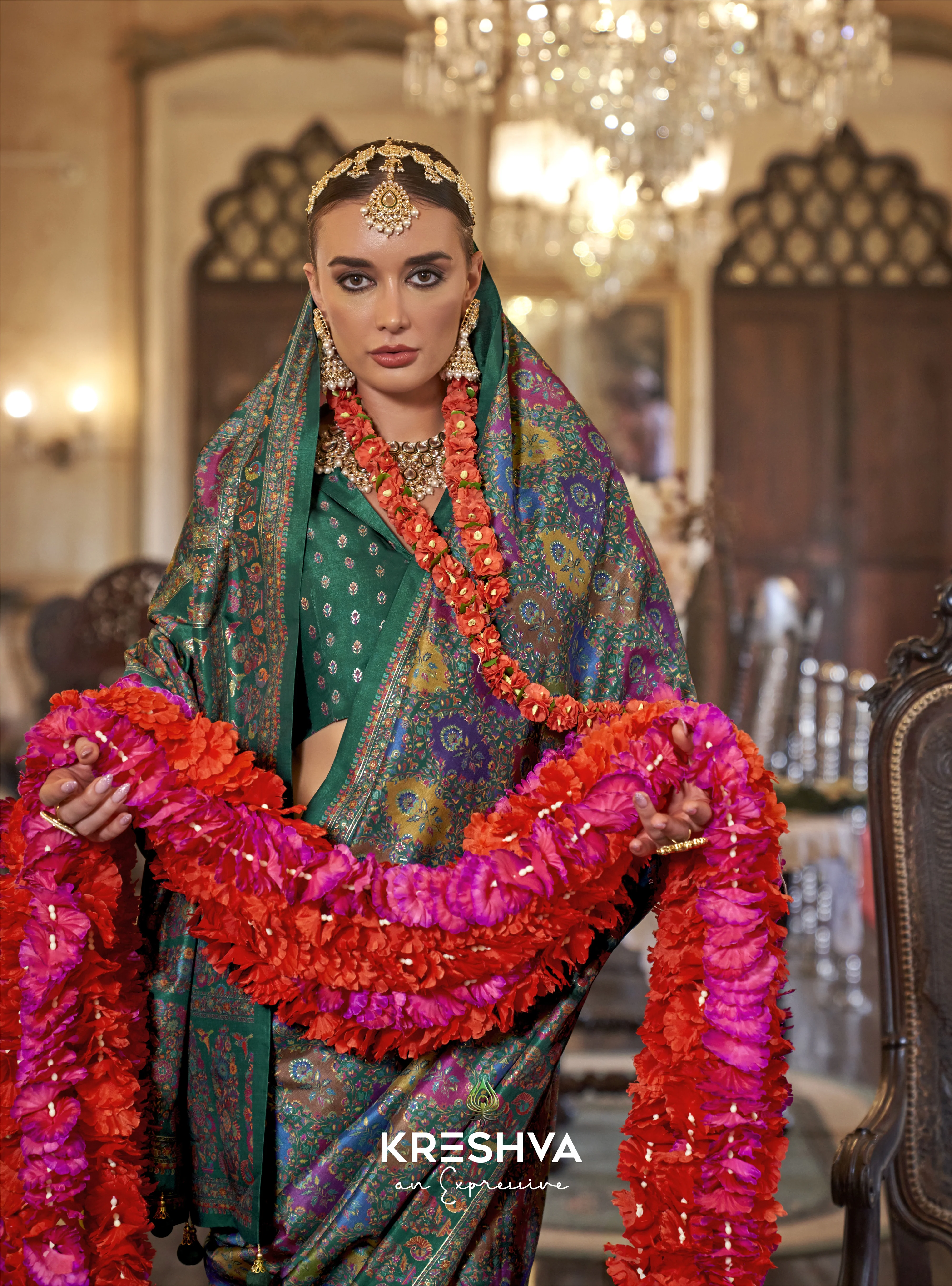 Emerald Green Pashmina Inspired Heritage Designer Saree - Image 2
