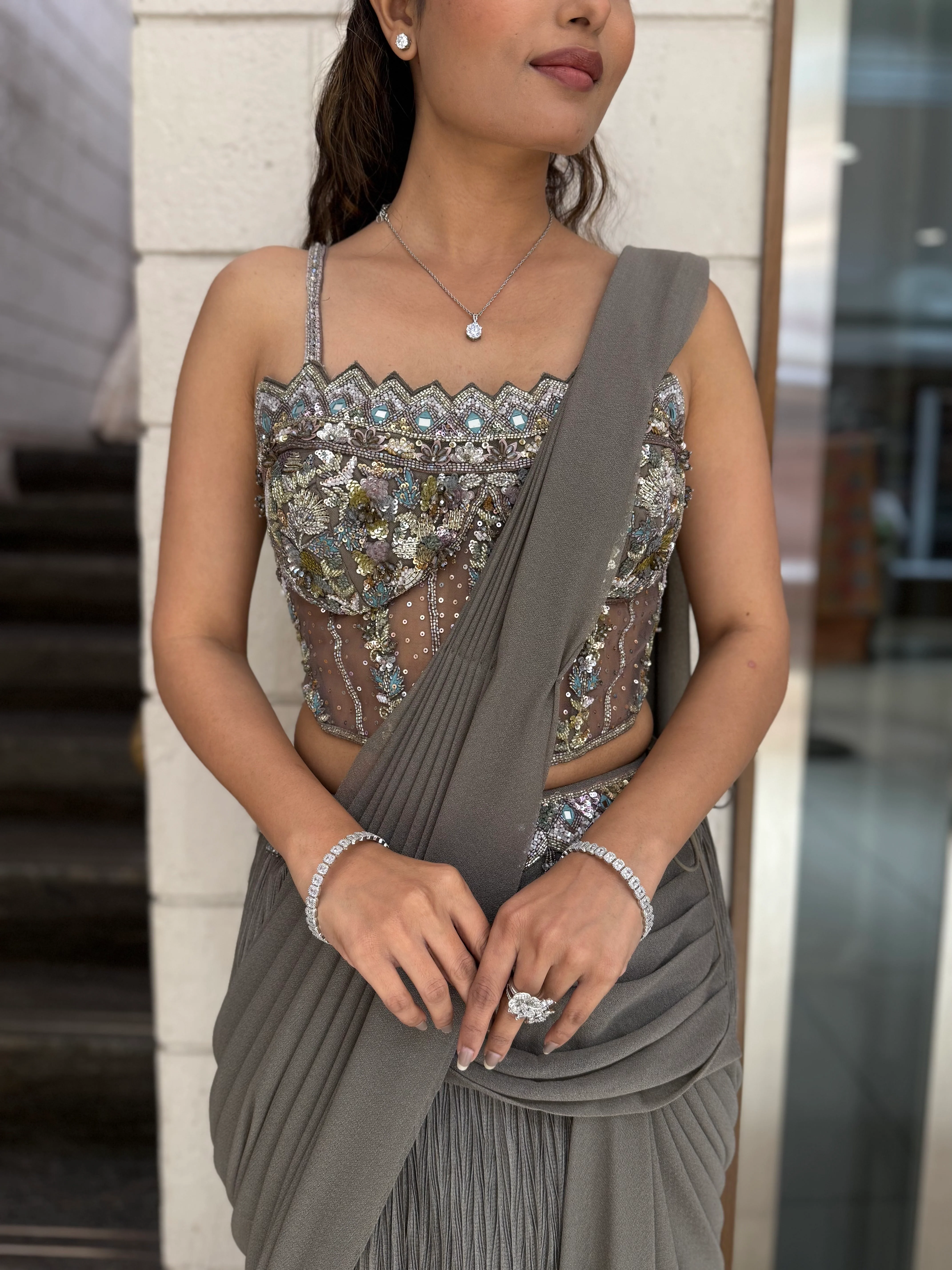 Smokey Grey Ready-to-Wear Draped Saree with Designer Sequin Embellished Corset Blouse - Image 2