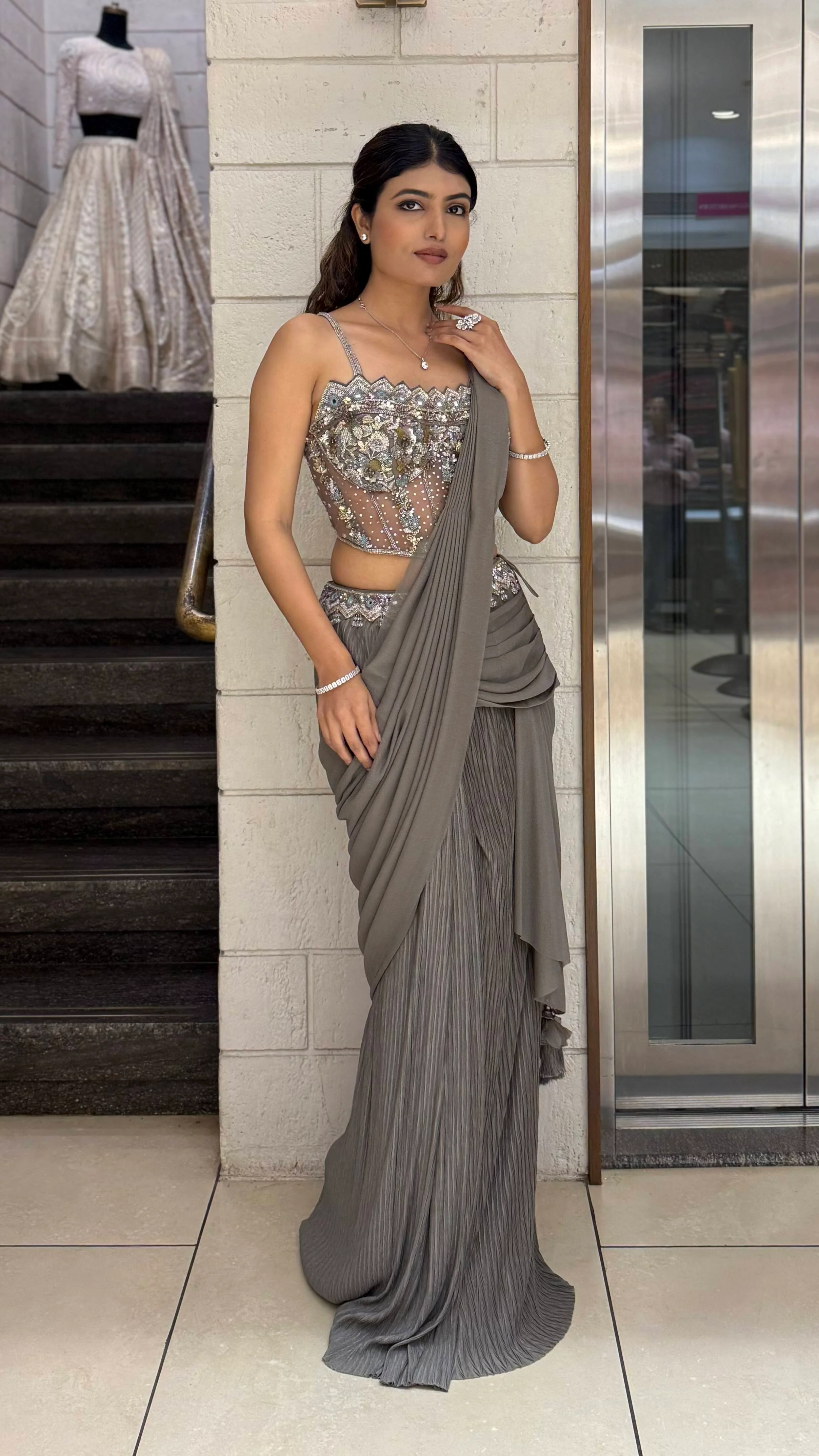 Smokey Grey Ready-to-Wear Draped Saree with Designer Sequin Embellished Corset Blouse - Image 3